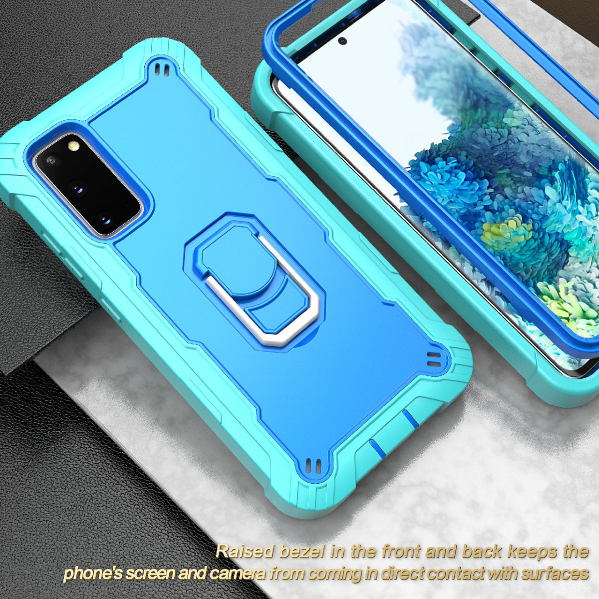 Shockproof PC + Silicone Phone Case with Built-in Kickstand Design for Samsung Galaxy S20 FE/S20 Fan Edition/S20 FE 5G/S20 Fan Edition 5G/S20 Lite/S20 FE 2022 - Aqua/Blue