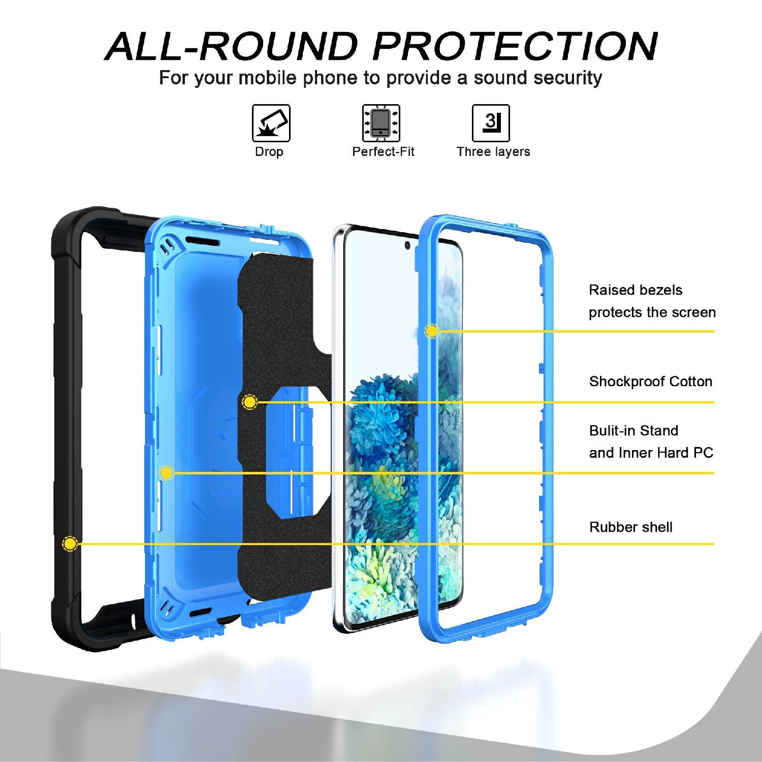 Shockproof PC + Silicone Phone Case with Built-in Kickstand Design for Samsung Galaxy S20 FE/S20 Fan Edition/S20 FE 5G/S20 Fan Edition 5G/S20 Lite/S20 FE 2022 - Black/Blue