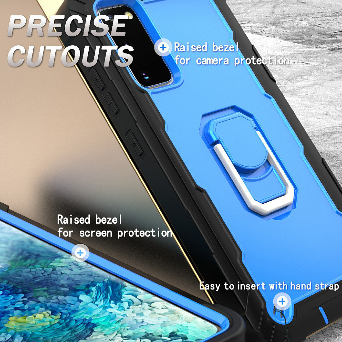 Shockproof PC + Silicone Phone Case with Built-in Kickstand Design for Samsung Galaxy S20 FE/S20 Fan Edition/S20 FE 5G/S20 Fan Edition 5G/S20 Lite/S20 FE 2022 - Black/Blue