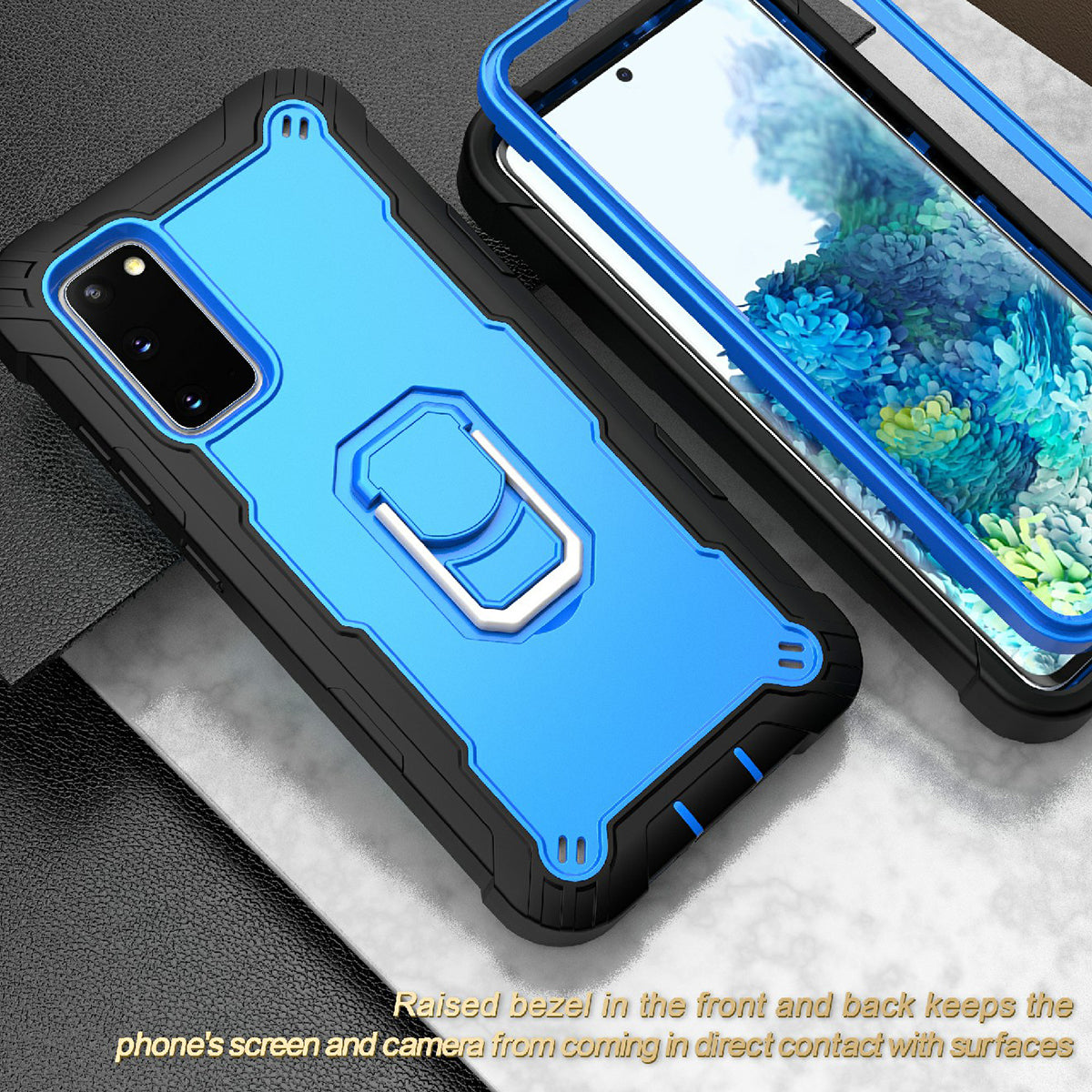 Shockproof PC + Silicone Phone Case with Built-in Kickstand Design for Samsung Galaxy S20 FE/S20 Fan Edition/S20 FE 5G/S20 Fan Edition 5G/S20 Lite/S20 FE 2022 - Black/Blue