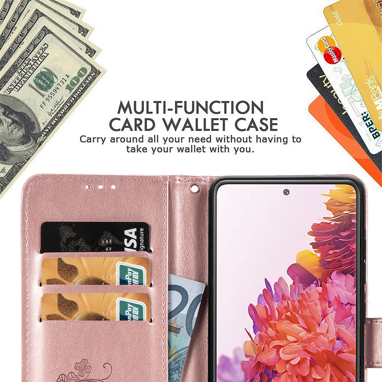 Clover Pattern Imprinting Leather Stand Case with Wallet Design for Samsung Galaxy S20 FE/S20 Fan Edition/S20 FE 5G/S20 Fan Edition 5G/S20 Lite/S20 FE 2022 - Rose Gold