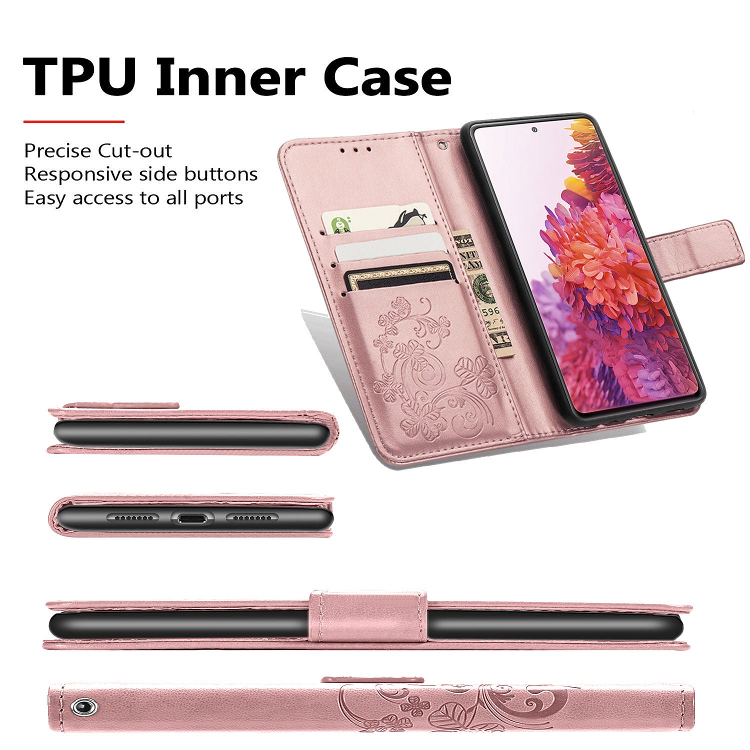 Clover Pattern Imprinting Leather Stand Case with Wallet Design for Samsung Galaxy S20 FE/S20 Fan Edition/S20 FE 5G/S20 Fan Edition 5G/S20 Lite/S20 FE 2022 - Rose Gold