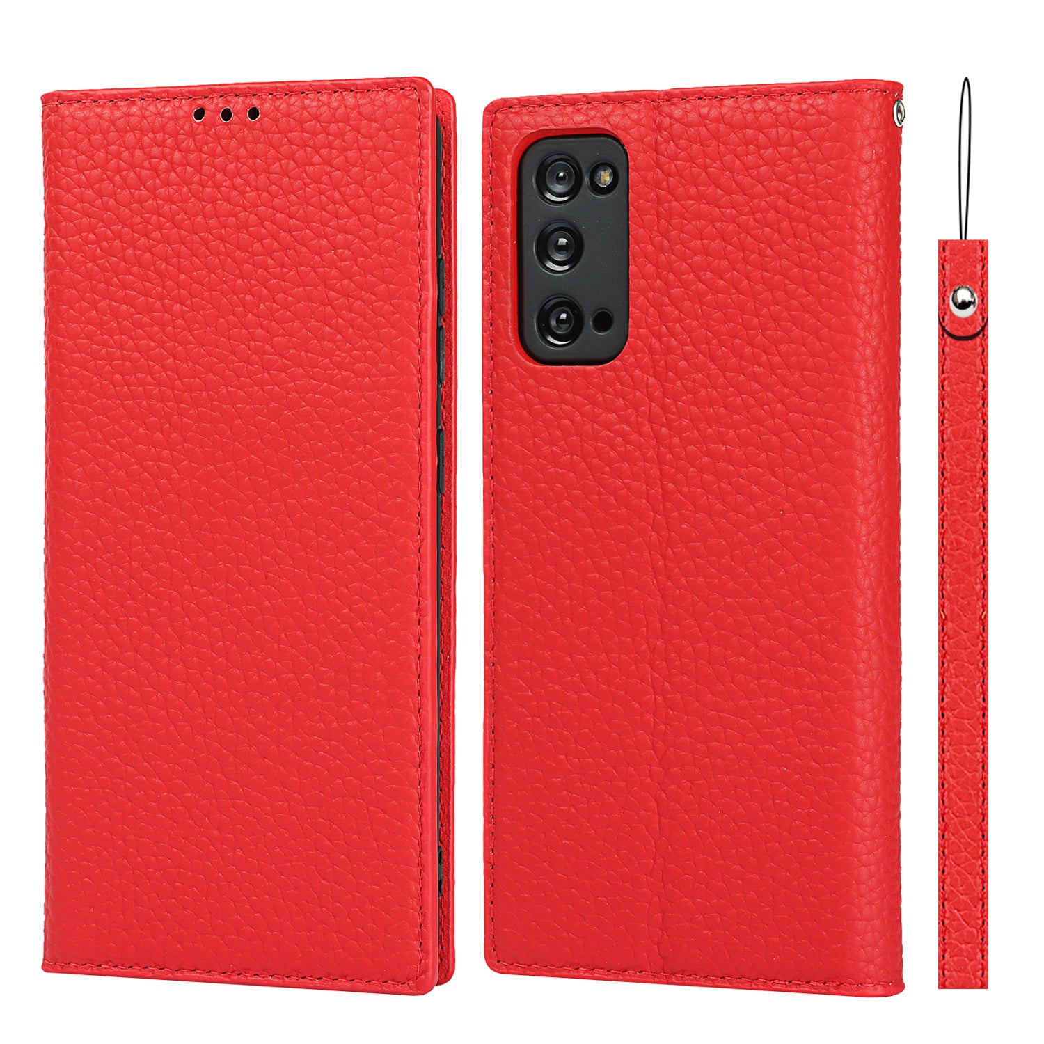 Litchi Texture Stand Genuine Leather Case with Strap for Samsung Galaxy S20 FE/S20 FE 5G/S20 Lite/S20 FE 2022 - Red