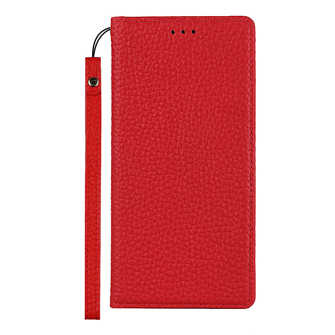 Litchi Texture Stand Genuine Leather Case with Strap for Samsung Galaxy S20 FE/S20 FE 5G/S20 Lite/S20 FE 2022 - Red