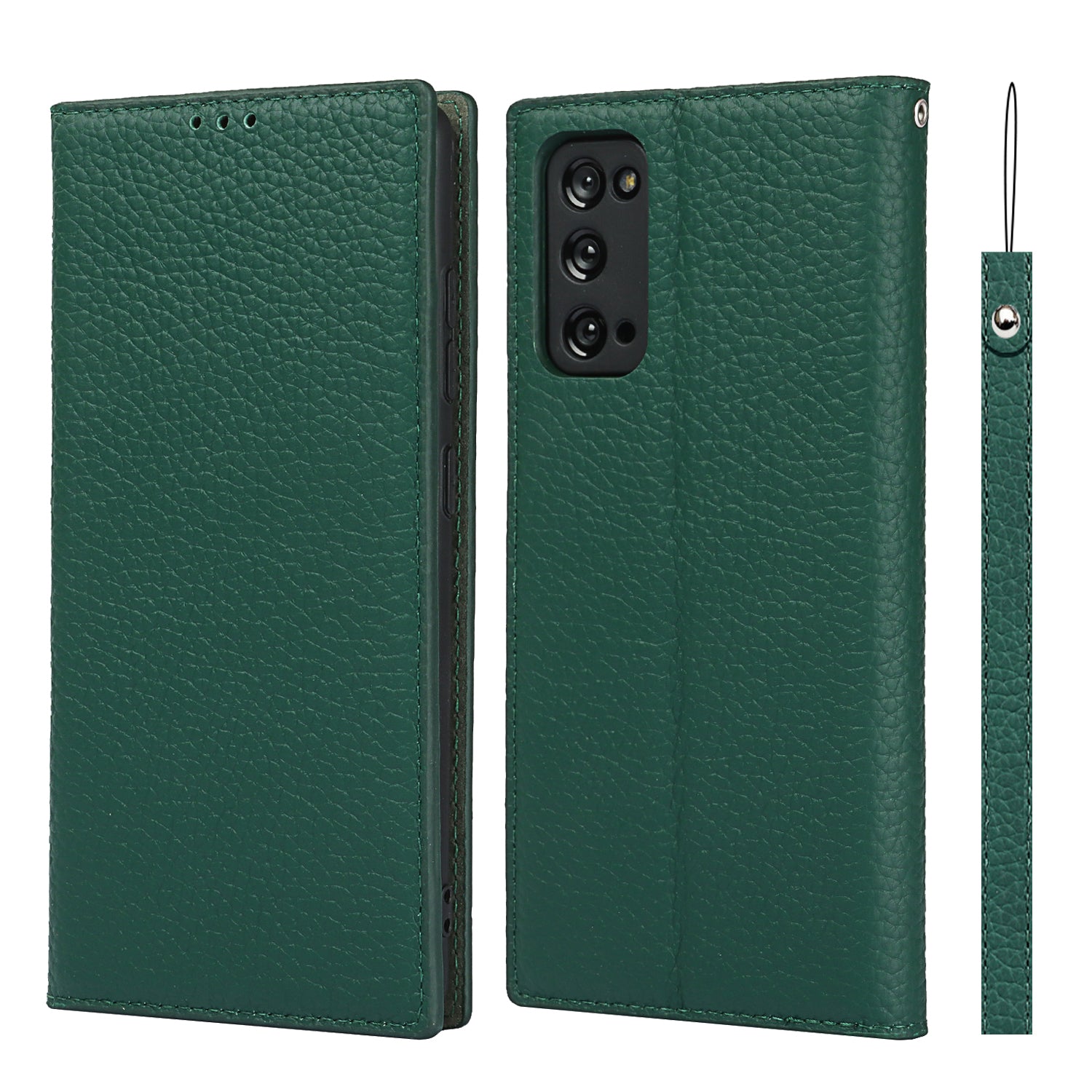 Litchi Texture Stand Genuine Leather Case with Strap for Samsung Galaxy S20 FE/S20 FE 5G/S20 Lite/S20 FE 2022 - Green