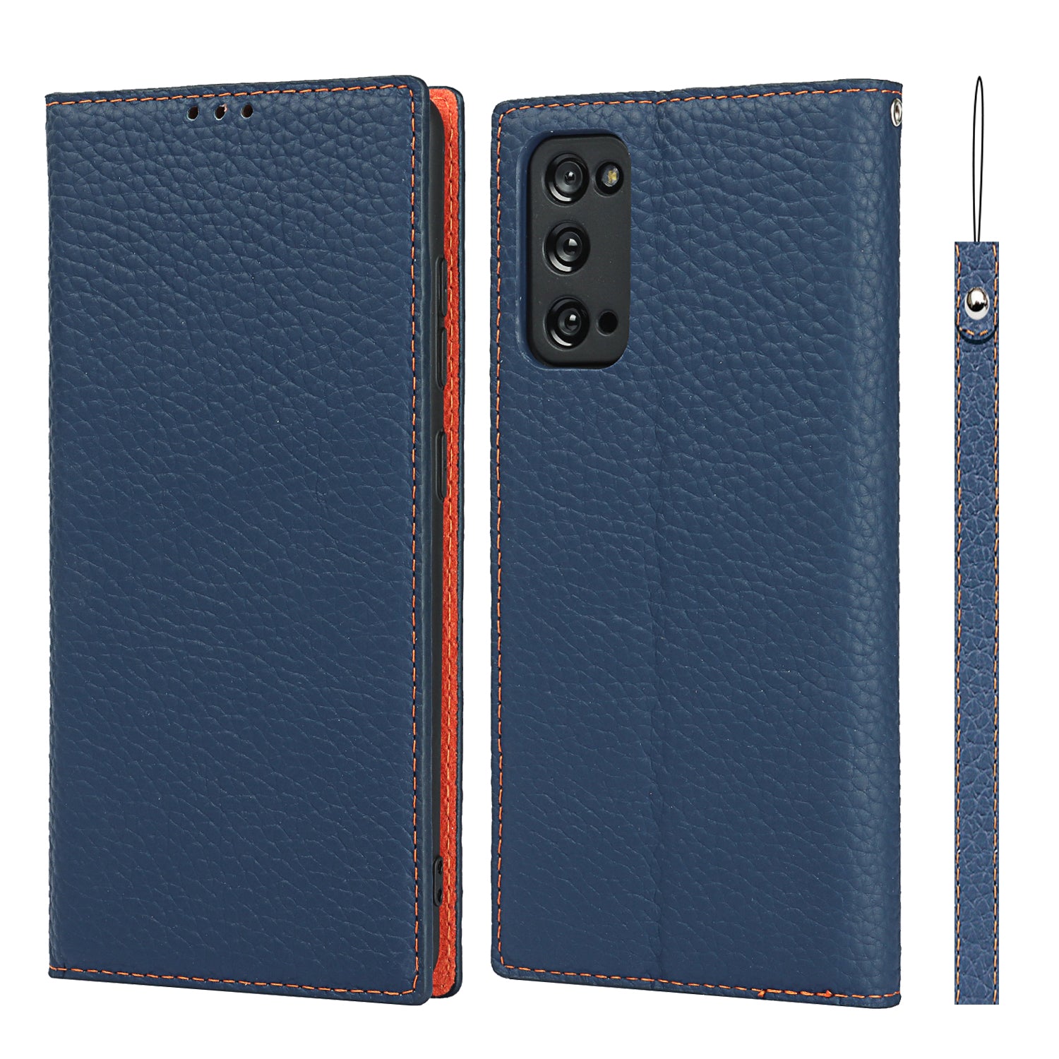 Litchi Texture Stand Genuine Leather Case with Strap for Samsung Galaxy S20 FE/S20 FE 5G/S20 Lite/S20 FE 2022 - Dark Blue