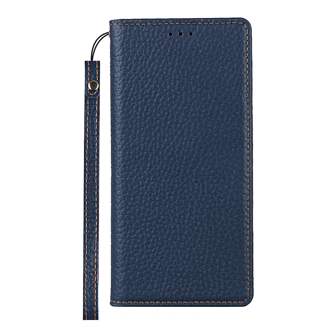 Litchi Texture Stand Genuine Leather Case with Strap for Samsung Galaxy S20 FE/S20 FE 5G/S20 Lite/S20 FE 2022 - Dark Blue