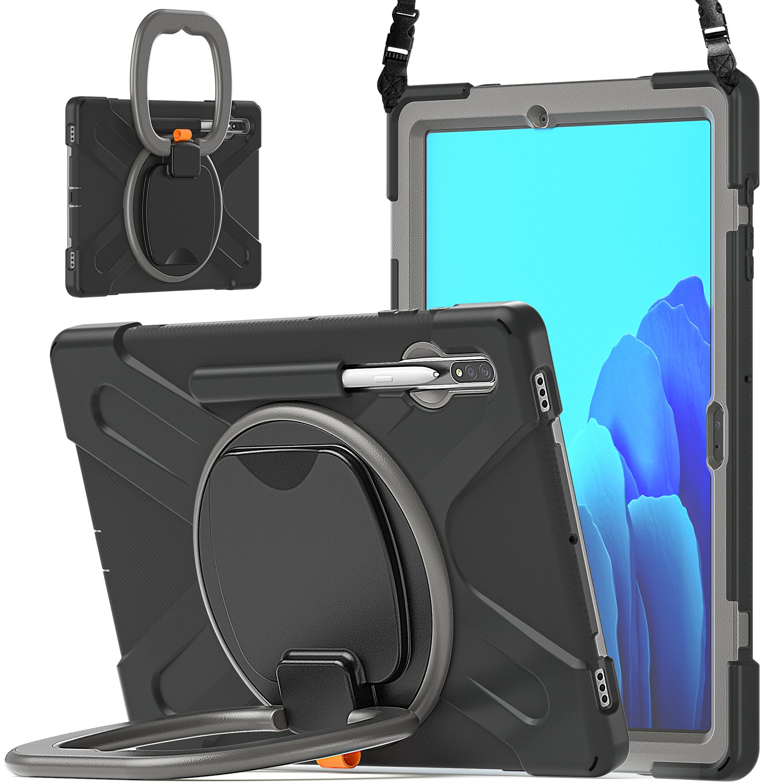 PC + Silicone 360 Degree Swivel Kickstand Case with Shoulder Strap for Samsung Galaxy Tab S9 FE+ / S9+ / S8+ / S7+ T970 / T975 - Black / Grey