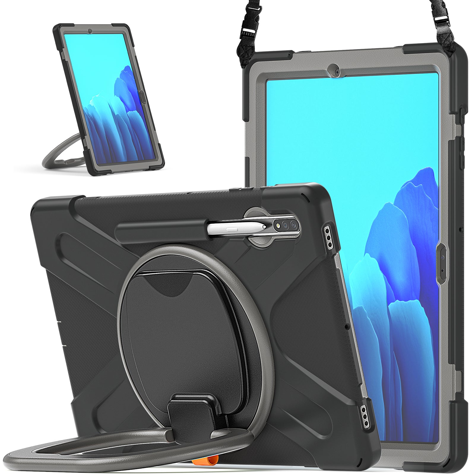 PC + Silicone 360 Degree Swivel Kickstand Case with Shoulder Strap for Samsung Galaxy Tab S9 FE+ / S9+ / S8+ / S7+ T970 / T975 - Black / Grey