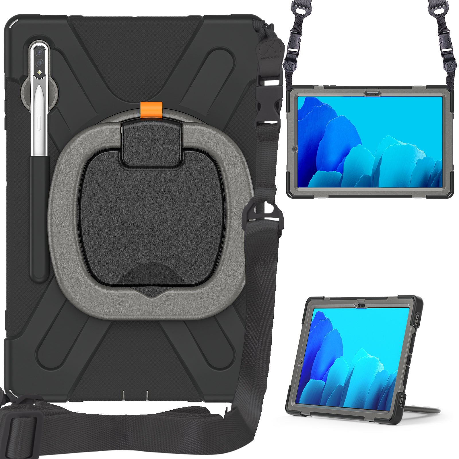 PC + Silicone 360 Degree Swivel Kickstand Case with Shoulder Strap for Samsung Galaxy Tab S9 FE+ / S9+ / S8+ / S7+ T970 / T975 - Black / Grey