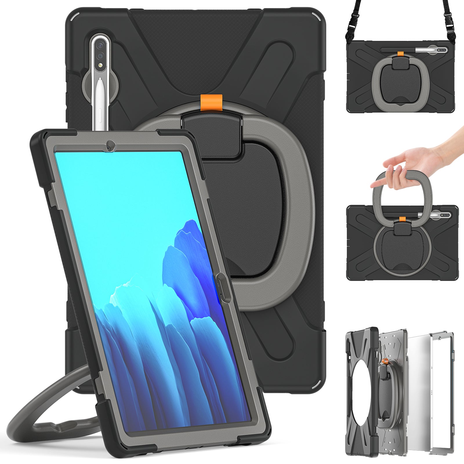 PC + Silicone 360 Degree Swivel Kickstand Case with Shoulder Strap for Samsung Galaxy Tab S9 FE+ / S9+ / S8+ / S7+ T970 / T975 - Black / Grey