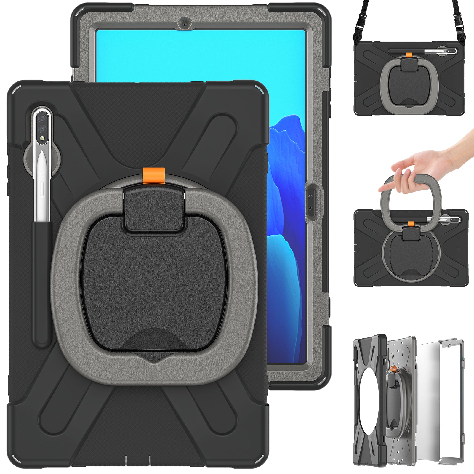 PC + Silicone 360 Degree Swivel Kickstand Case with Shoulder Strap for Samsung Galaxy Tab S9 FE+ / S9+ / S8+ / S7+ T970 / T975 - Black / Grey