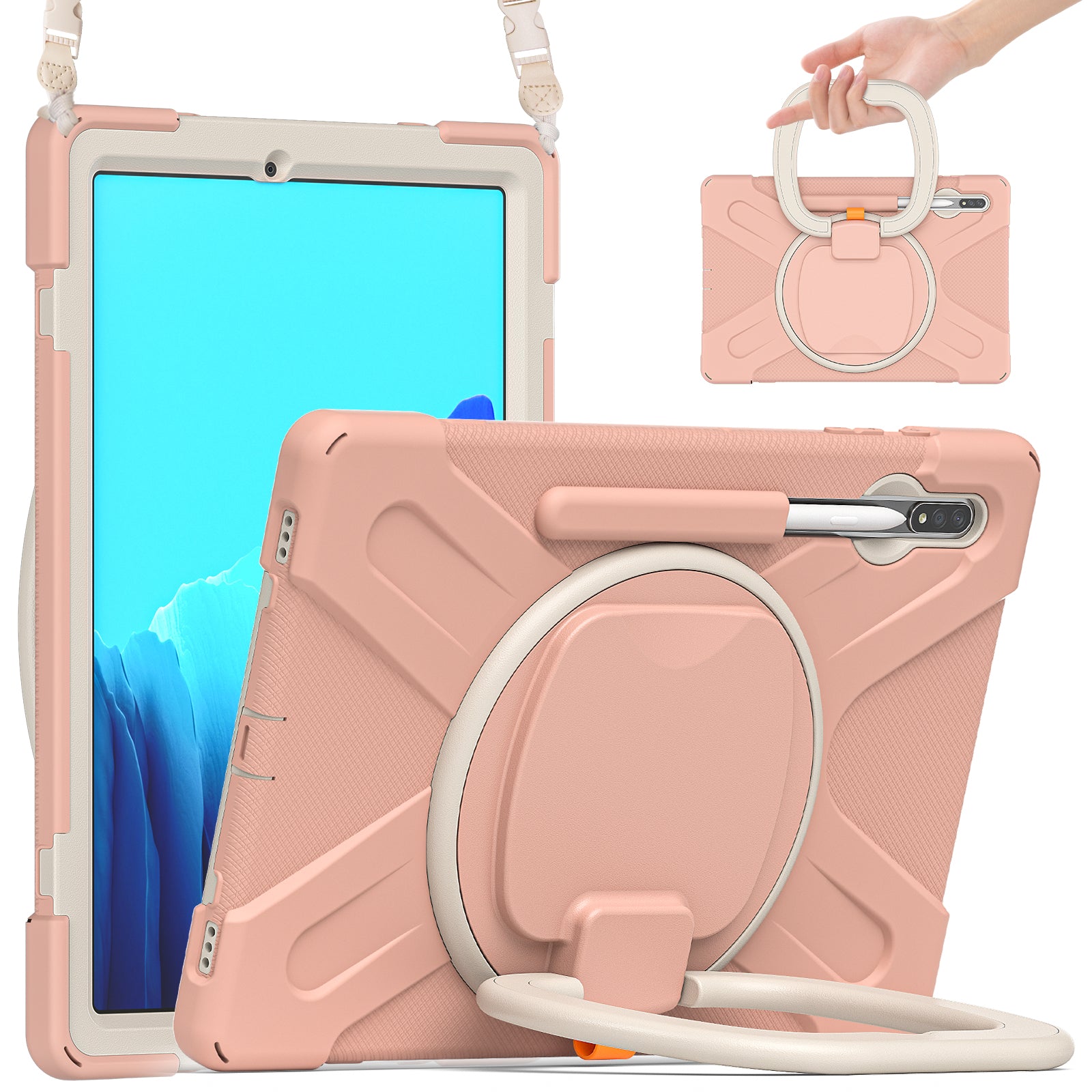 PC + Silicone 360 Degree Swivel Kickstand Case with Shoulder Strap for Samsung Galaxy Tab S9 FE+ / S9+ / S8+ / S7+ T970 / T975 - Pink / White