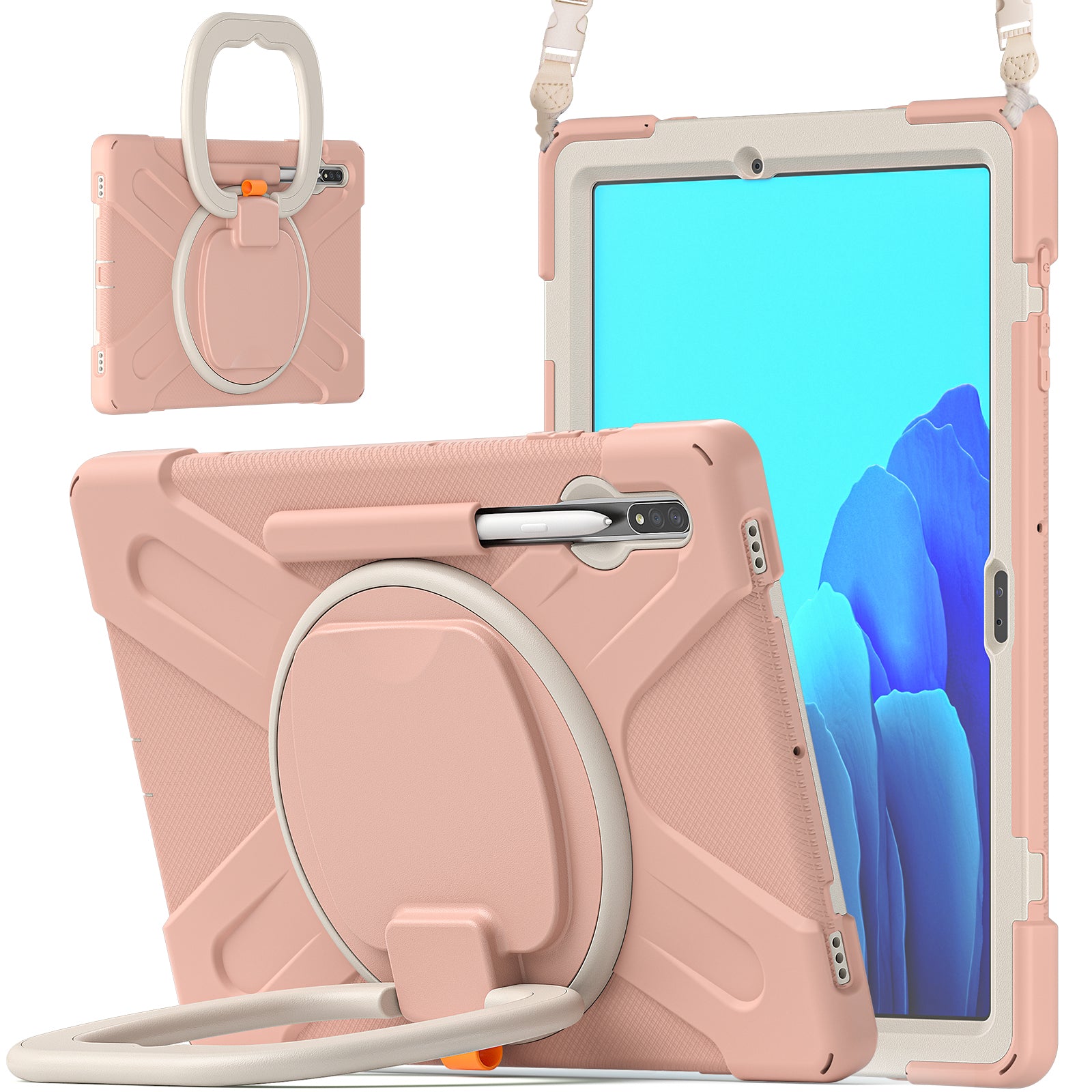 PC + Silicone 360 Degree Swivel Kickstand Case with Shoulder Strap for Samsung Galaxy Tab S9 FE+ / S9+ / S8+ / S7+ T970 / T975 - Pink / White