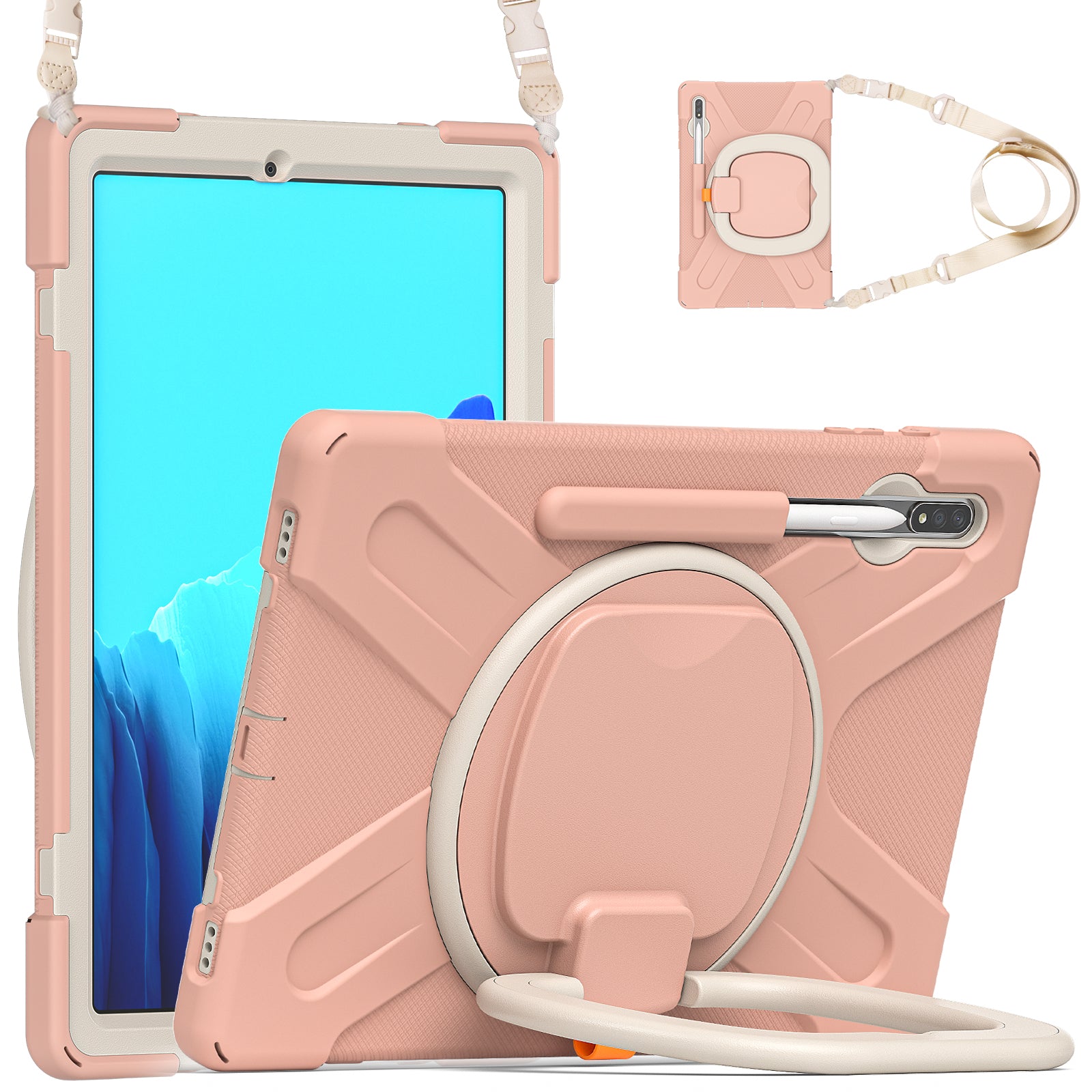 PC + Silicone 360 Degree Swivel Kickstand Case with Shoulder Strap for Samsung Galaxy Tab S9 FE+ / S9+ / S8+ / S7+ T970 / T975 - Pink / White