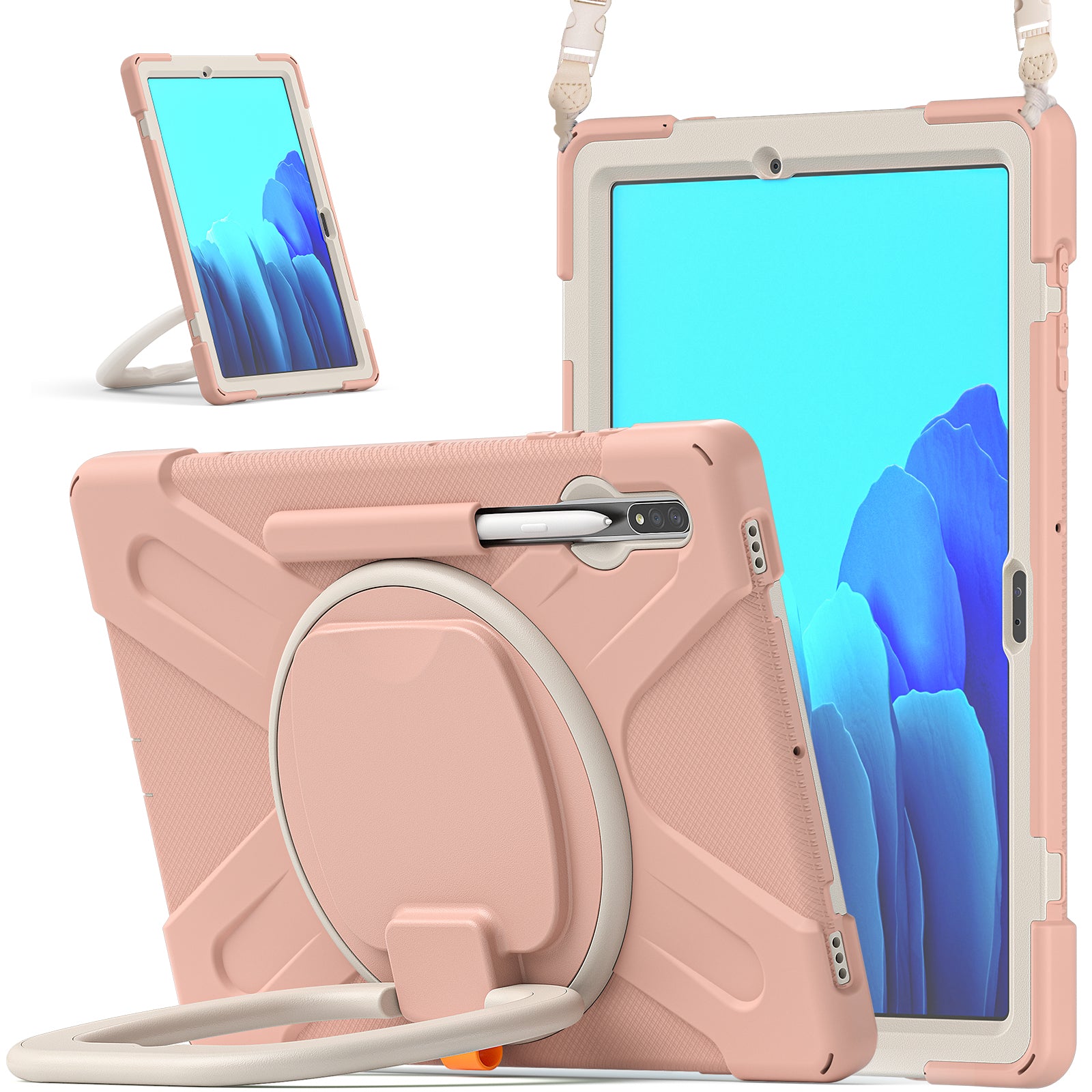 PC + Silicone 360 Degree Swivel Kickstand Case with Shoulder Strap for Samsung Galaxy Tab S9 FE+ / S9+ / S8+ / S7+ T970 / T975 - Pink / White