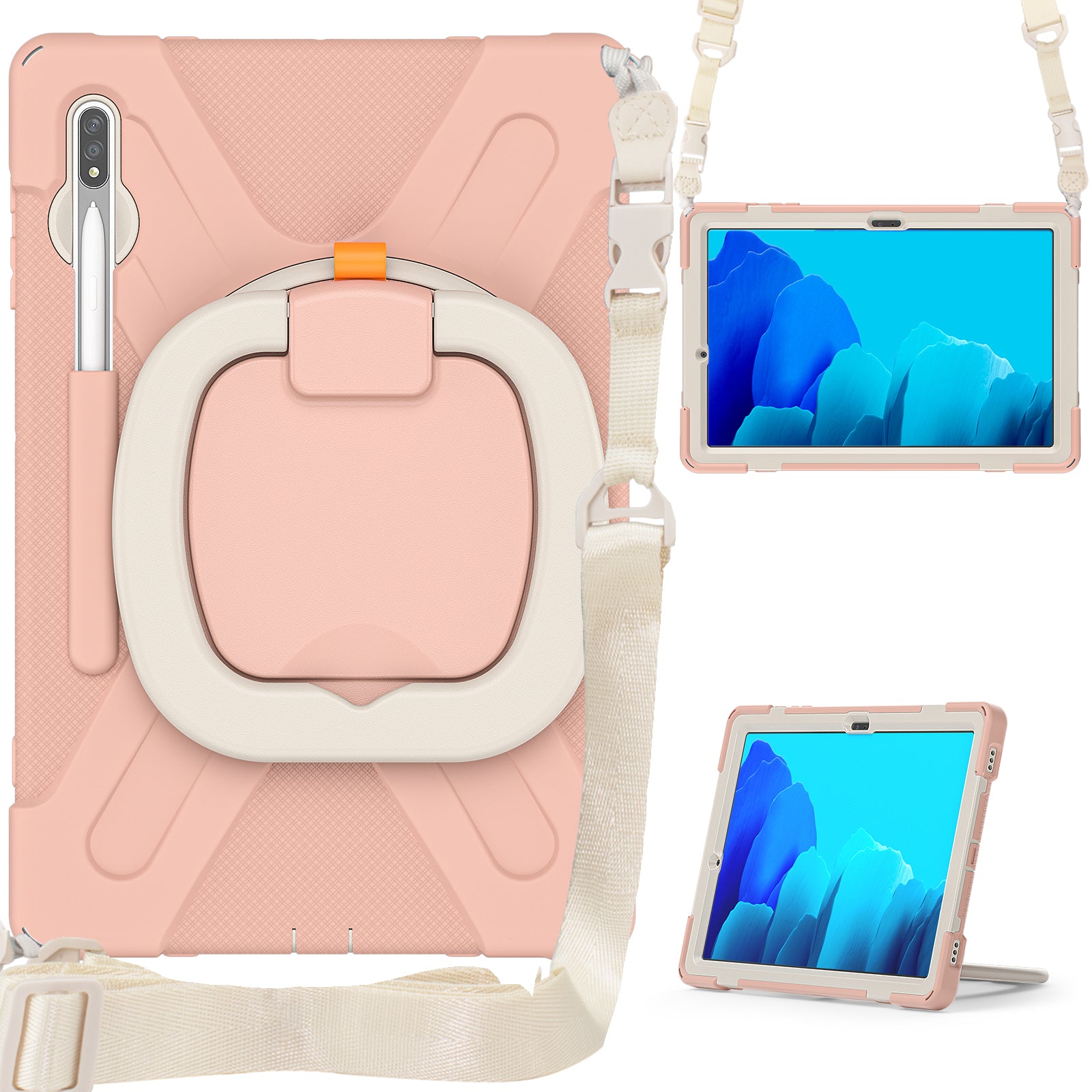 PC + Silicone 360 Degree Swivel Kickstand Case with Shoulder Strap for Samsung Galaxy Tab S9 FE+ / S9+ / S8+ / S7+ T970 / T975 - Pink / White