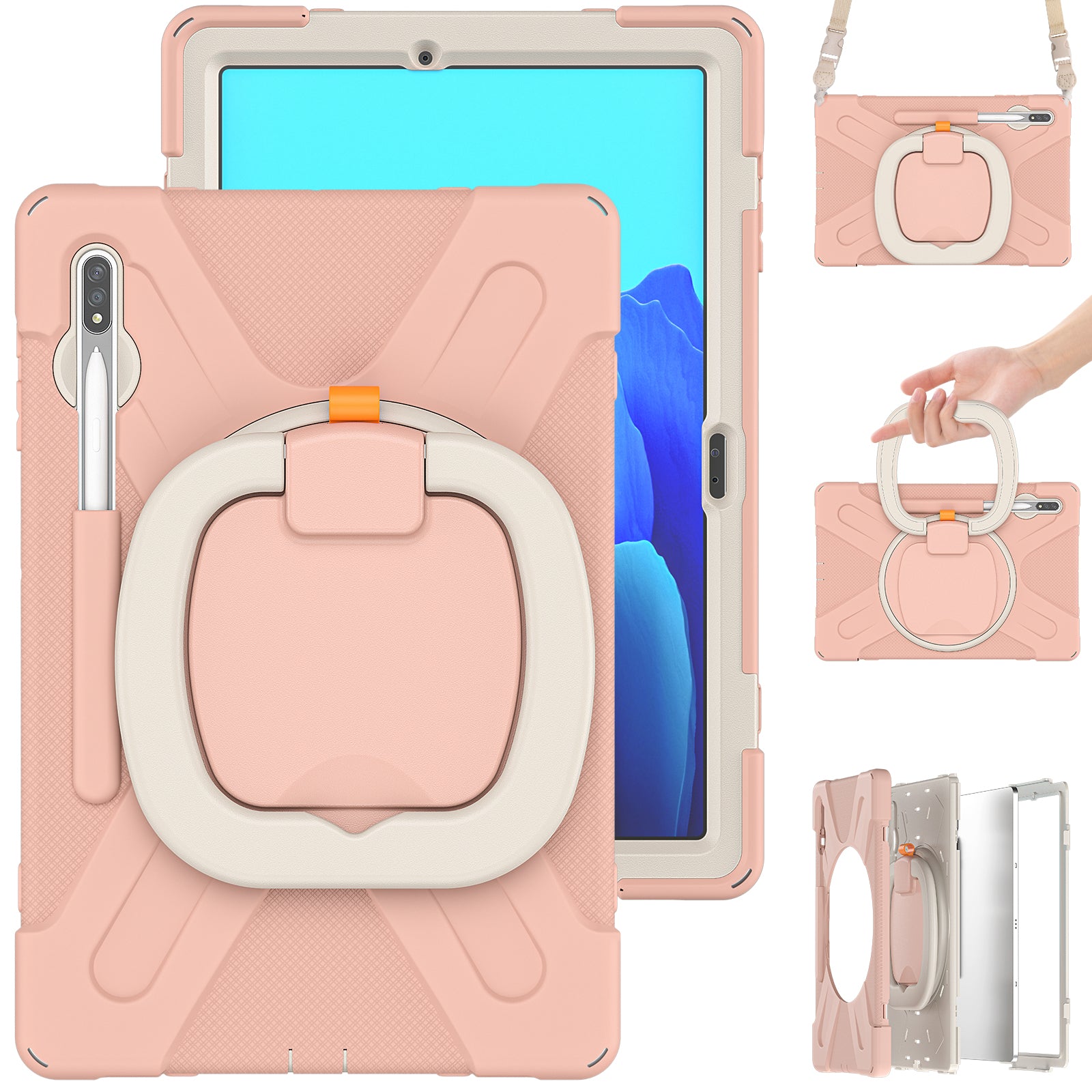 PC + Silicone 360 Degree Swivel Kickstand Case with Shoulder Strap for Samsung Galaxy Tab S9 FE+ / S9+ / S8+ / S7+ T970 / T975 - Pink / White