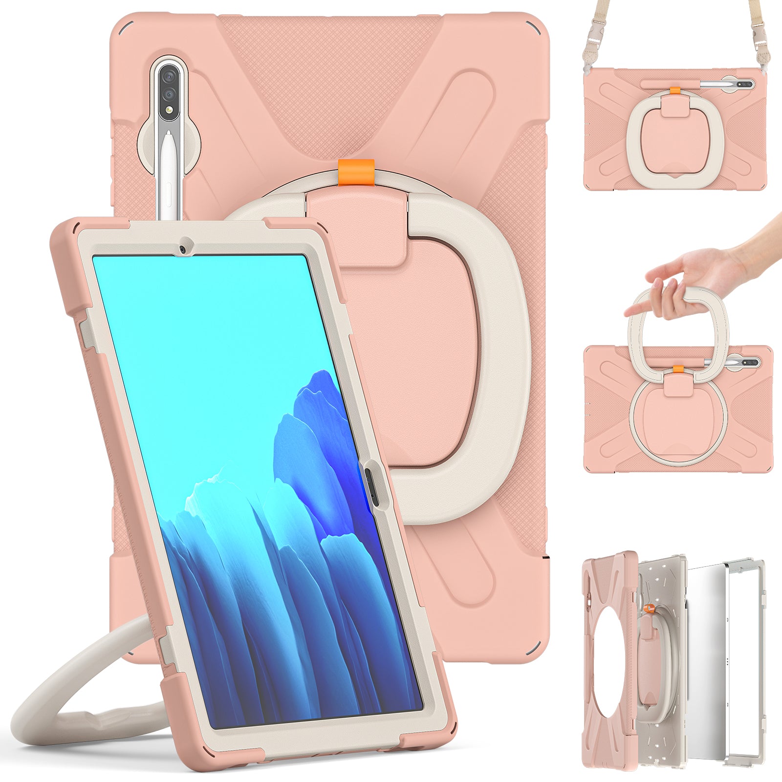 PC + Silicone 360 Degree Swivel Kickstand Case with Shoulder Strap for Samsung Galaxy Tab S9 FE+ / S9+ / S8+ / S7+ T970 / T975 - Pink / White