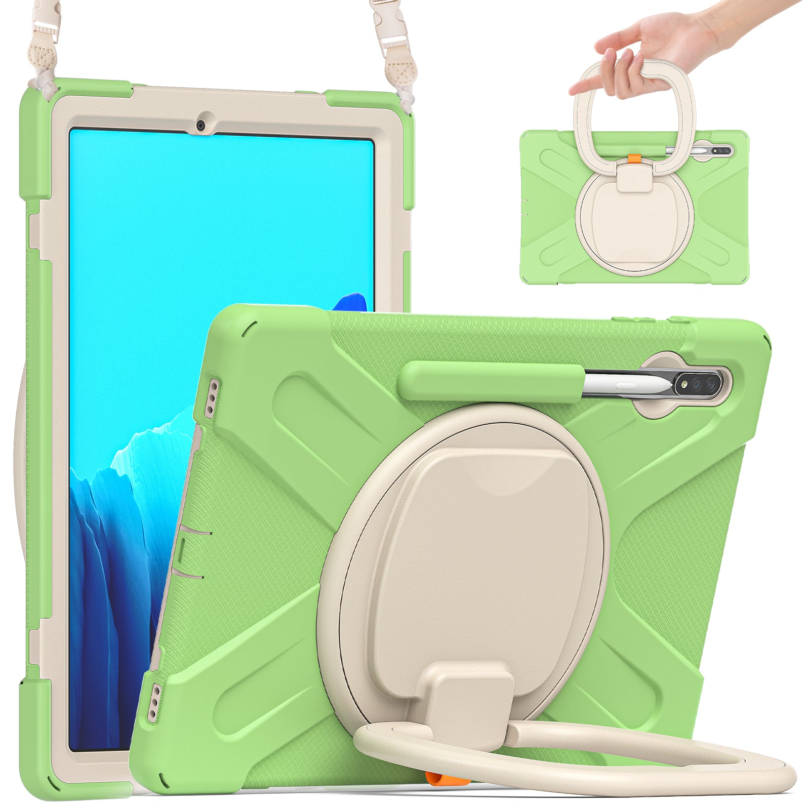 PC + Silicone 360 Degree Swivel Kickstand Case with Shoulder Strap for Samsung Galaxy Tab S9 FE+ / S9+ / S8+ / S7+ T970 / T975 - Grass Green / White