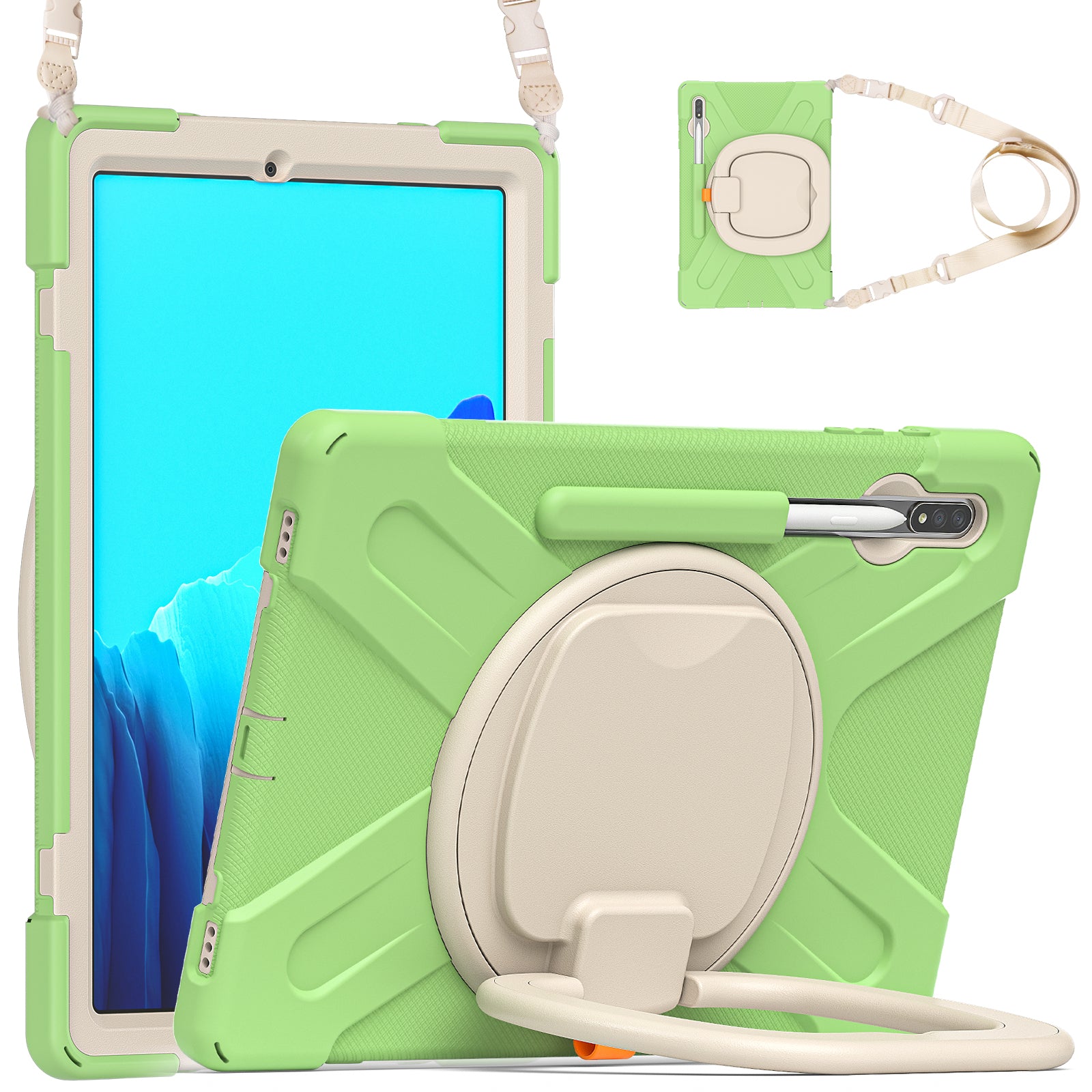 PC + Silicone 360 Degree Swivel Kickstand Case with Shoulder Strap for Samsung Galaxy Tab S9 FE+ / S9+ / S8+ / S7+ T970 / T975 - Grass Green / White