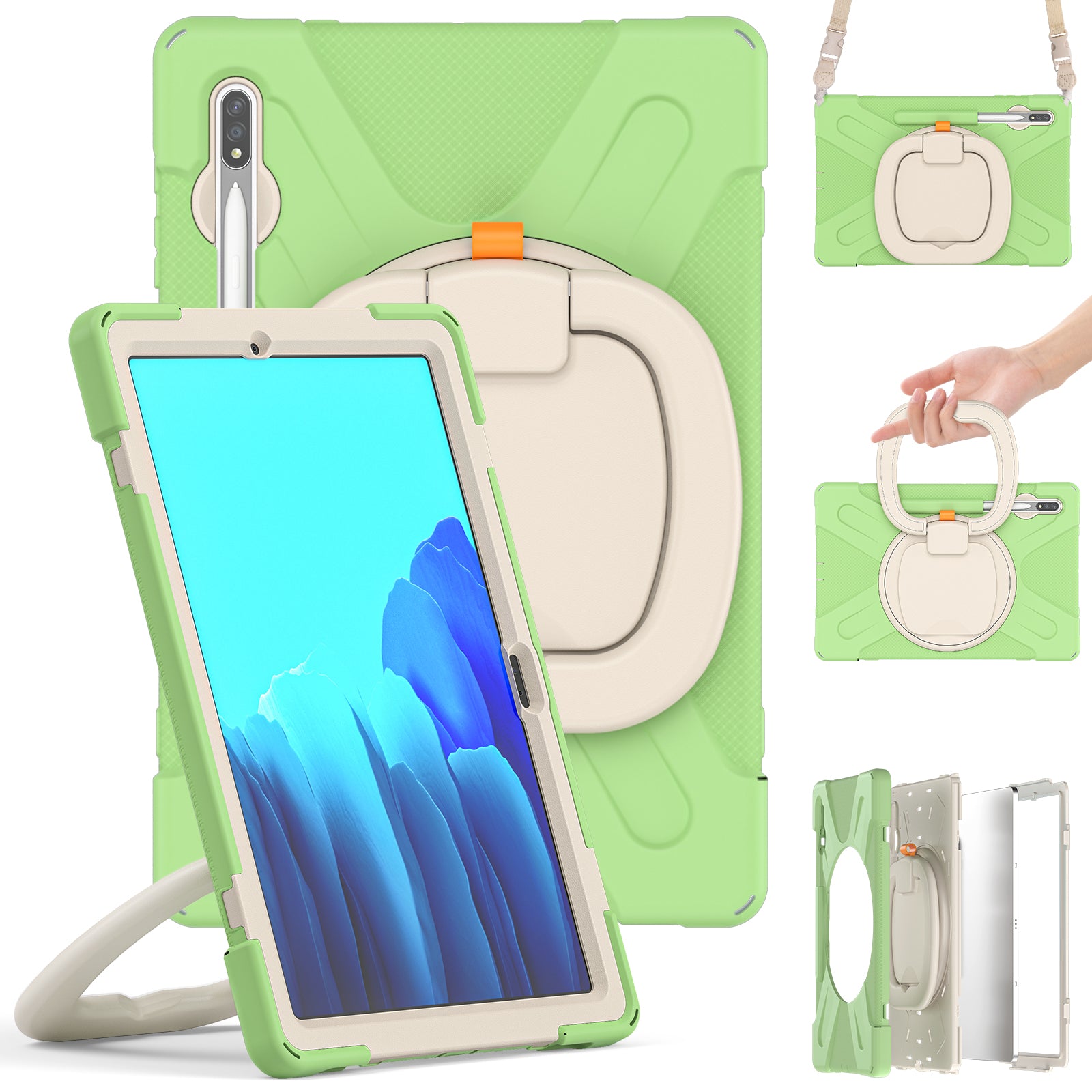 PC + Silicone 360 Degree Swivel Kickstand Case with Shoulder Strap for Samsung Galaxy Tab S9 FE+ / S9+ / S8+ / S7+ T970 / T975 - Grass Green / White