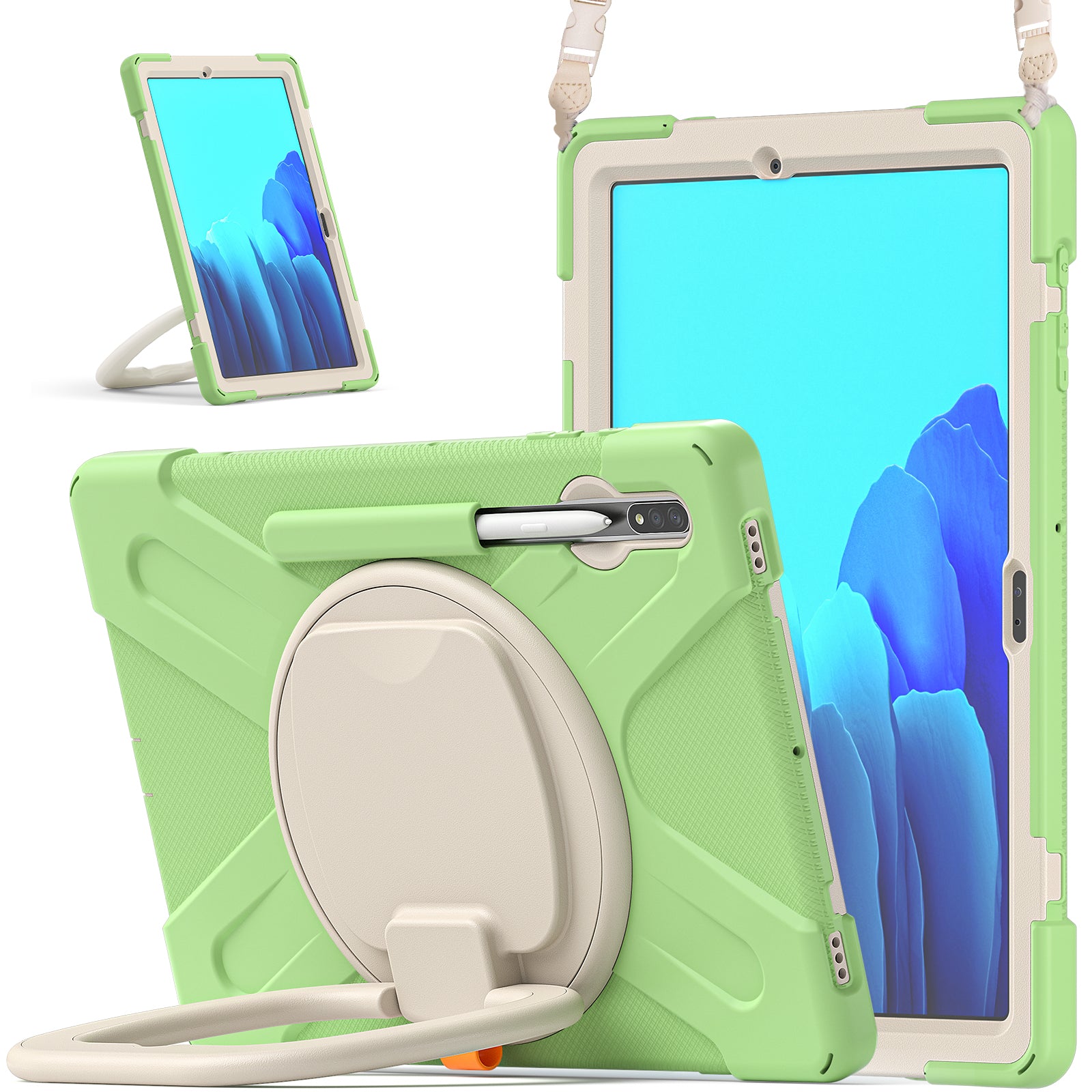 PC + Silicone 360 Degree Swivel Kickstand Case with Shoulder Strap for Samsung Galaxy Tab S9 FE+ / S9+ / S8+ / S7+ T970 / T975 - Grass Green / White