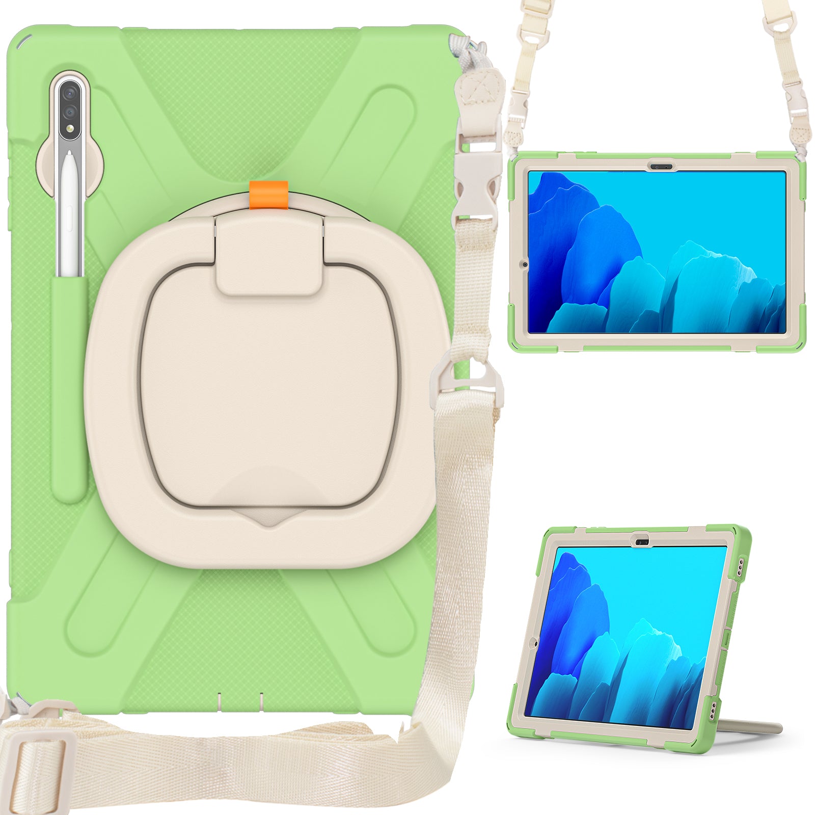 PC + Silicone 360 Degree Swivel Kickstand Case with Shoulder Strap for Samsung Galaxy Tab S9 FE+ / S9+ / S8+ / S7+ T970 / T975 - Grass Green / White