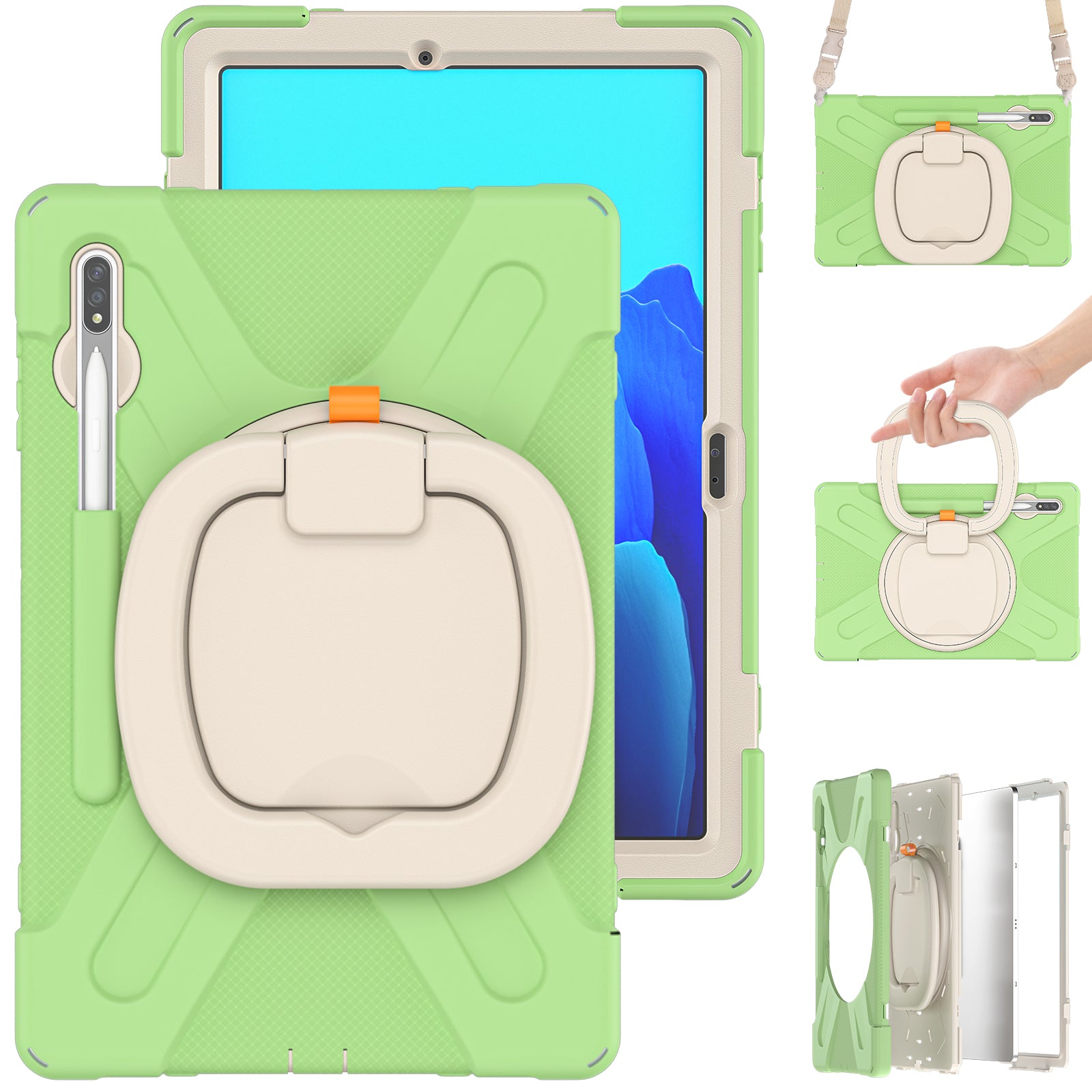 PC + Silicone 360 Degree Swivel Kickstand Case with Shoulder Strap for Samsung Galaxy Tab S9 FE+ / S9+ / S8+ / S7+ T970 / T975 - Grass Green / White