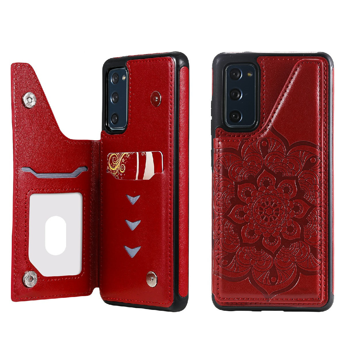 KT Leather Coated Series-9 Mandala Flower Pattern PU Leather+TPU Card Holder Kickstand Case for Samsung Galaxy S20 FE - Red