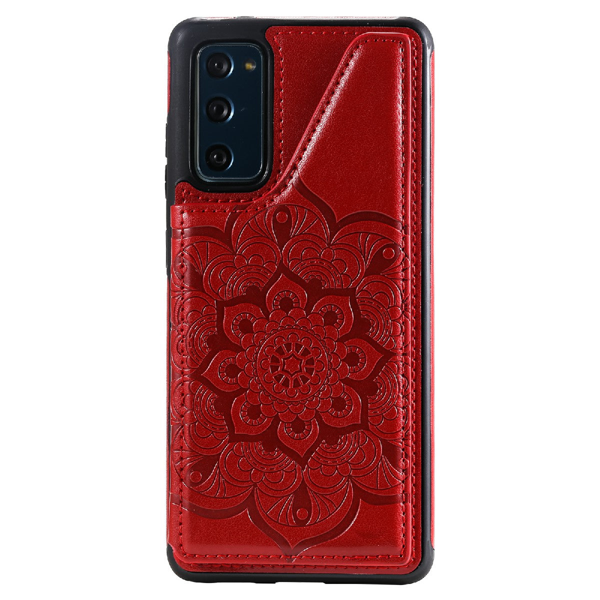 KT Leather Coated Series-9 Mandala Flower Pattern PU Leather+TPU Card Holder Kickstand Case for Samsung Galaxy S20 FE - Red