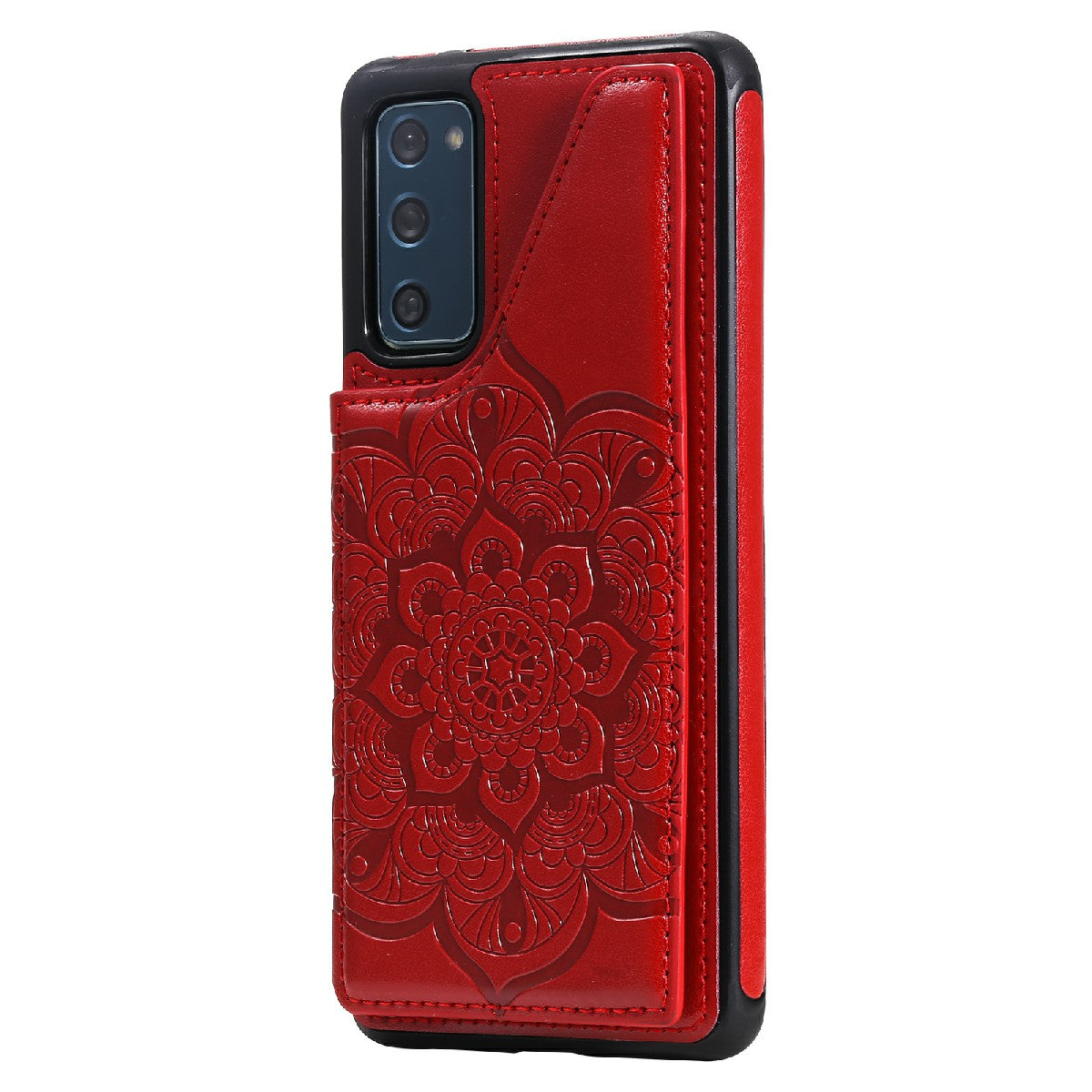 KT Leather Coated Series-9 Mandala Flower Pattern PU Leather+TPU Card Holder Kickstand Case for Samsung Galaxy S20 FE - Red