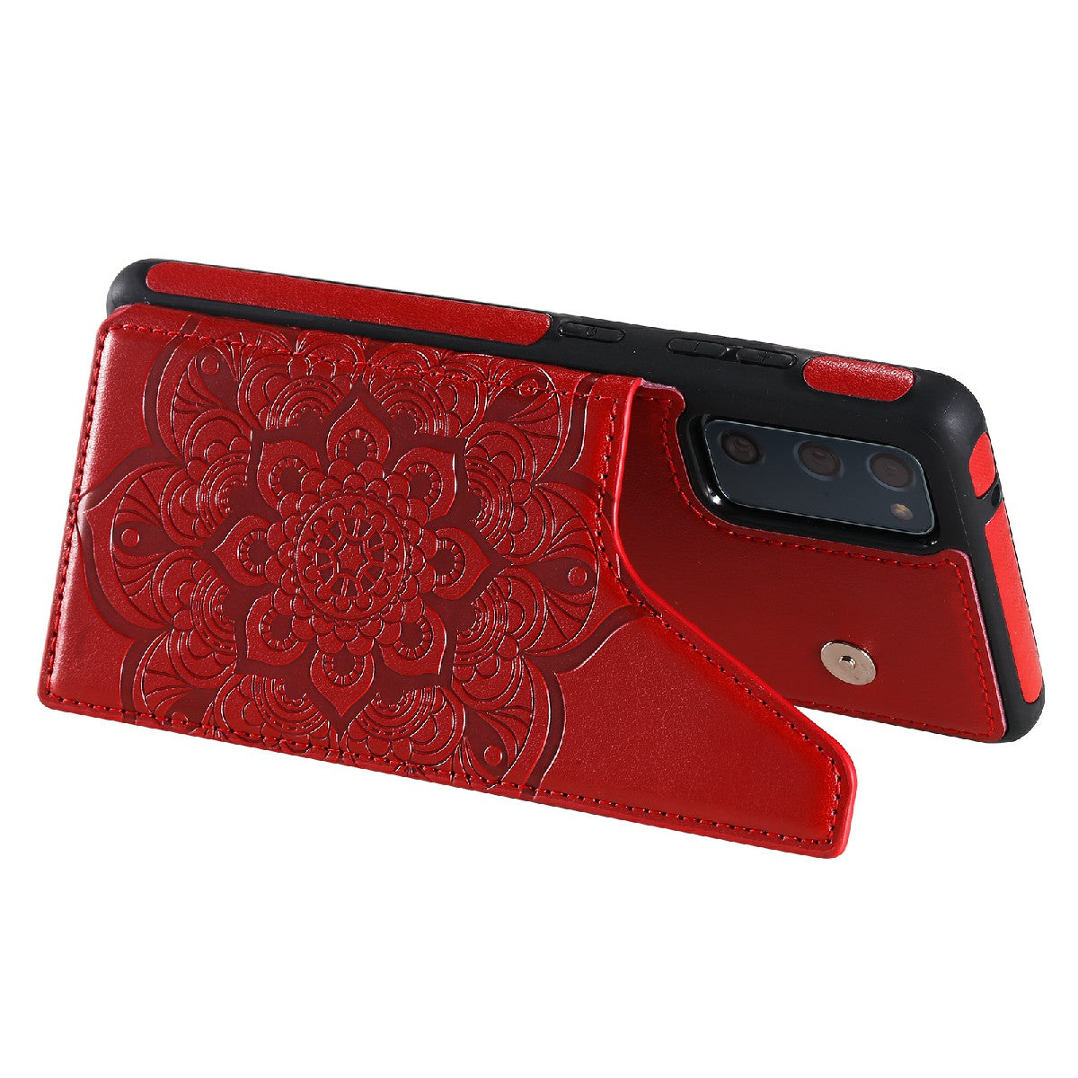 KT Leather Coated Series-9 Mandala Flower Pattern PU Leather+TPU Card Holder Kickstand Case for Samsung Galaxy S20 FE - Red