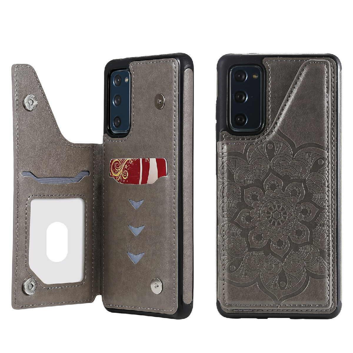 KT Leather Coated Series-9 Mandala Flower Pattern PU Leather+TPU Card Holder Kickstand Case for Samsung Galaxy S20 FE - Grey