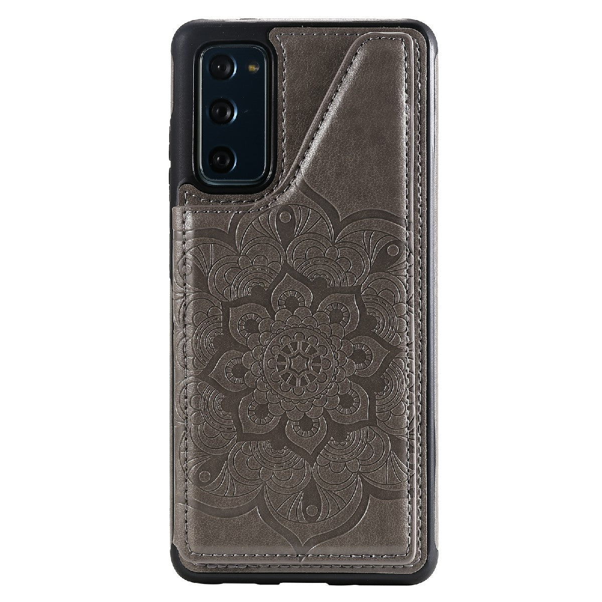 KT Leather Coated Series-9 Mandala Flower Pattern PU Leather+TPU Card Holder Kickstand Case for Samsung Galaxy S20 FE - Grey