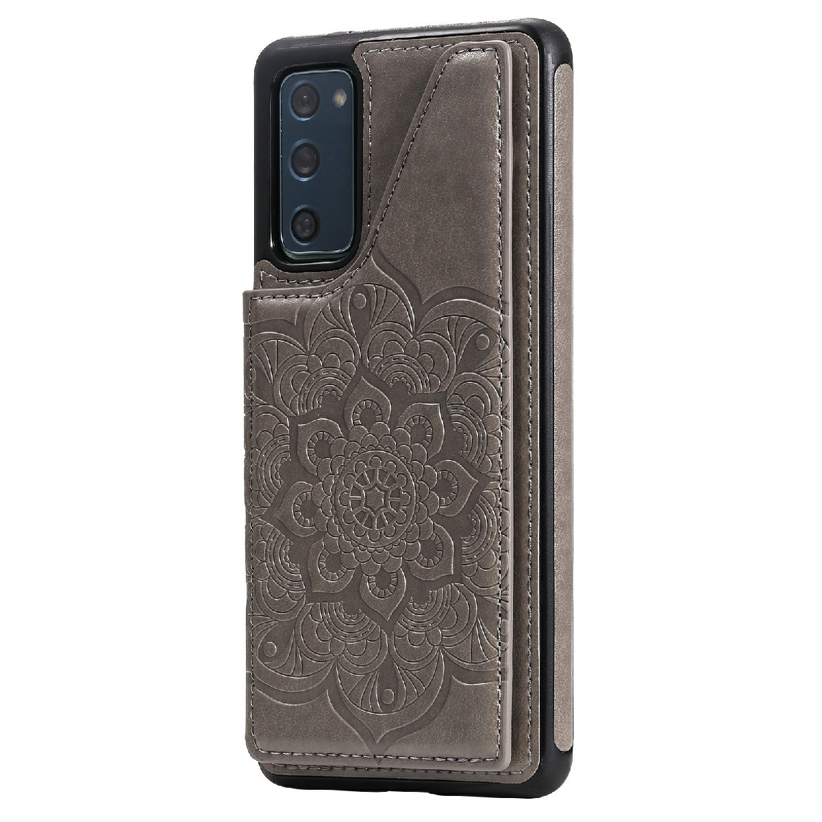 KT Leather Coated Series-9 Mandala Flower Pattern PU Leather+TPU Card Holder Kickstand Case for Samsung Galaxy S20 FE - Grey