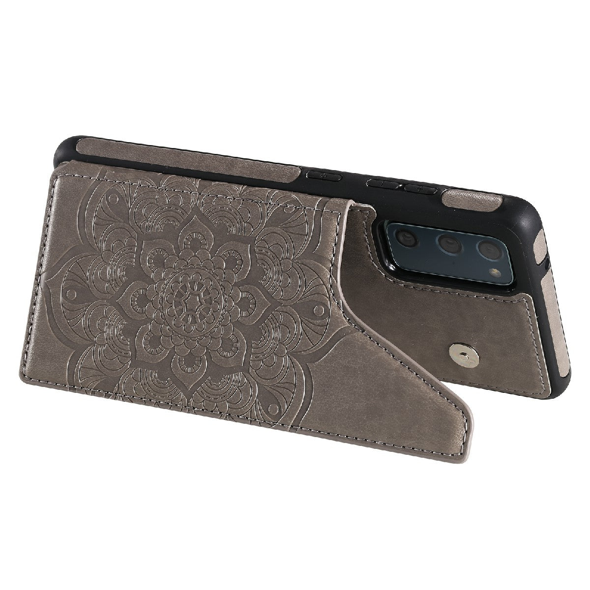 KT Leather Coated Series-9 Mandala Flower Pattern PU Leather+TPU Card Holder Kickstand Case for Samsung Galaxy S20 FE - Grey