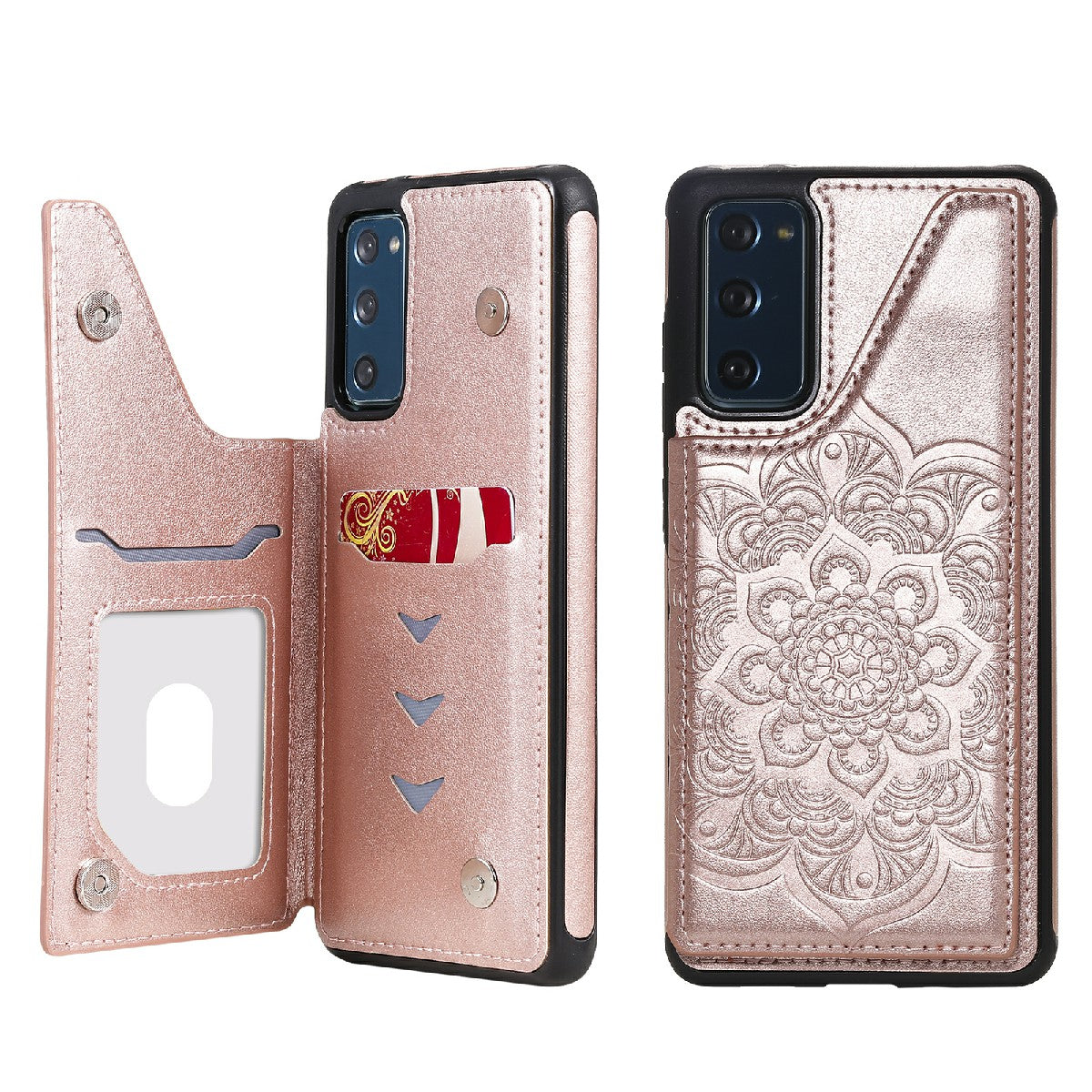 KT Leather Coated Series-9 Mandala Flower Pattern PU Leather+TPU Card Holder Kickstand Case for Samsung Galaxy S20 FE - Rose Gold