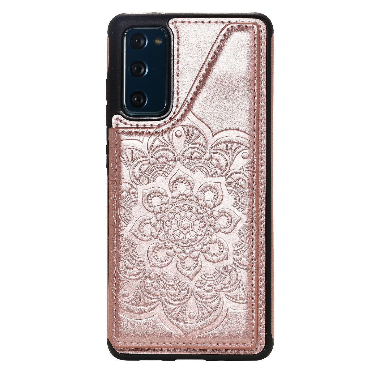 KT Leather Coated Series-9 Mandala Flower Pattern PU Leather+TPU Card Holder Kickstand Case for Samsung Galaxy S20 FE - Rose Gold