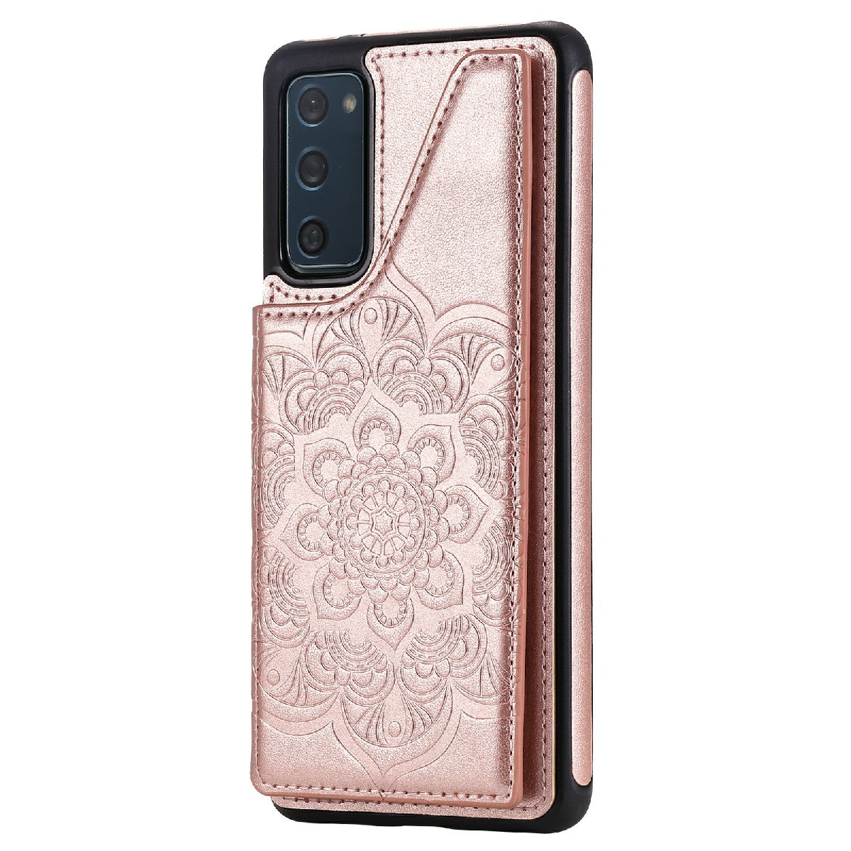 KT Leather Coated Series-9 Mandala Flower Pattern PU Leather+TPU Card Holder Kickstand Case for Samsung Galaxy S20 FE - Rose Gold