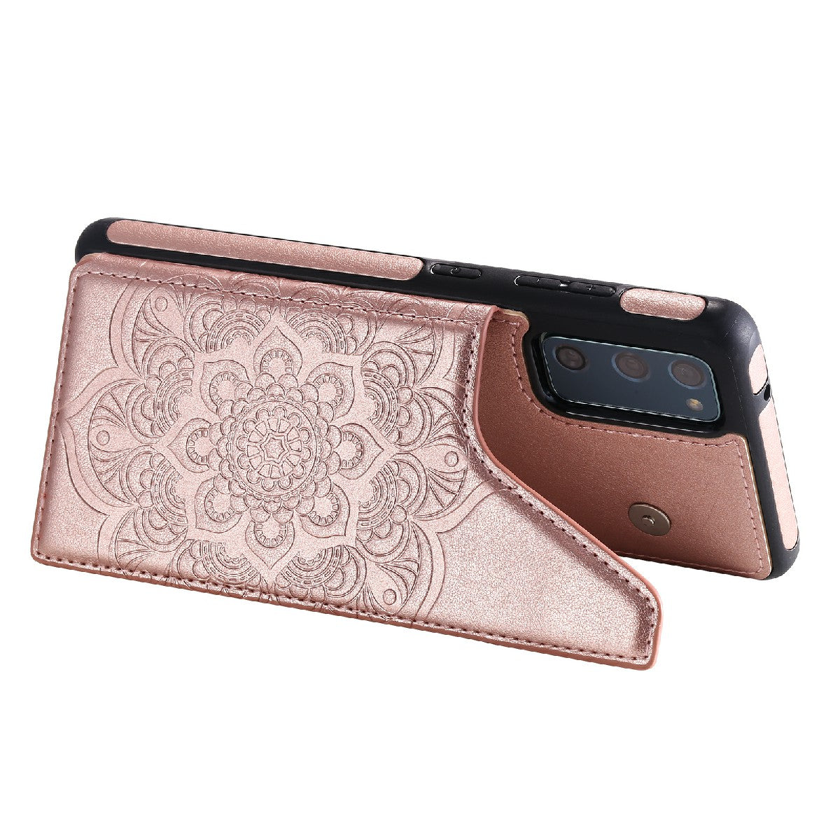 KT Leather Coated Series-9 Mandala Flower Pattern PU Leather+TPU Card Holder Kickstand Case for Samsung Galaxy S20 FE - Rose Gold