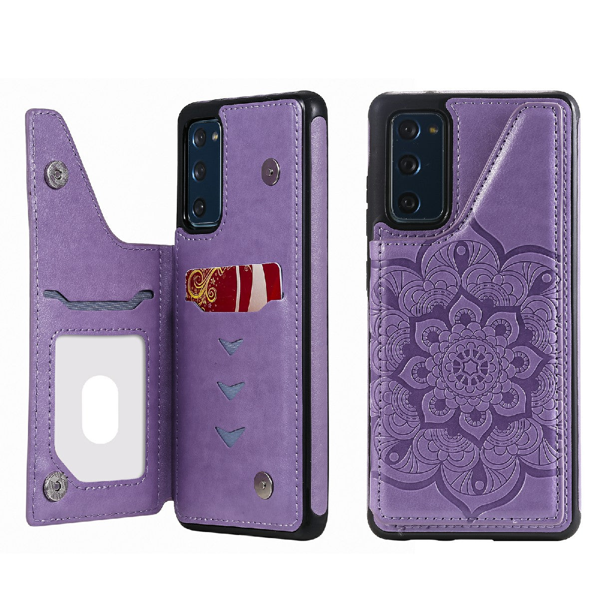 KT Leather Coated Series-9 Mandala Flower Pattern PU Leather+TPU Card Holder Kickstand Case for Samsung Galaxy S20 FE - Purple