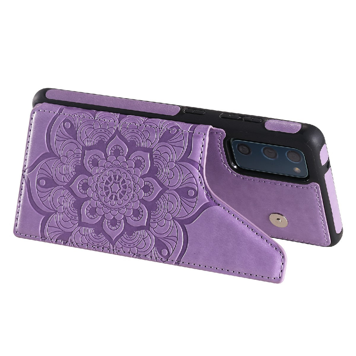 KT Leather Coated Series-9 Mandala Flower Pattern PU Leather+TPU Card Holder Kickstand Case for Samsung Galaxy S20 FE - Purple