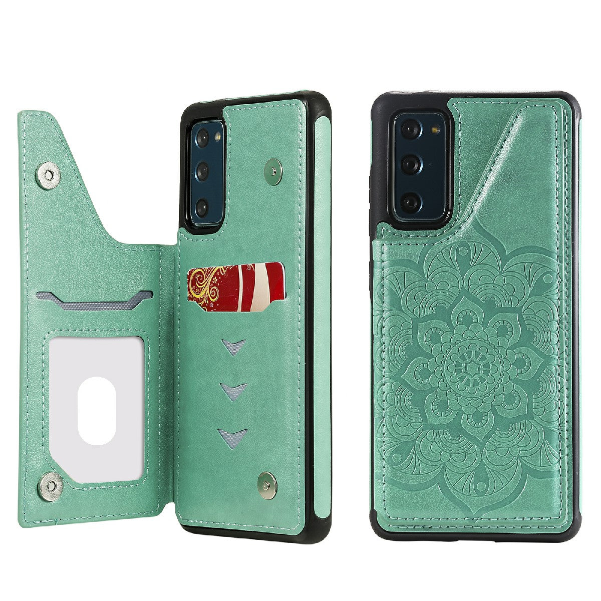 KT Leather Coated Series-9 Mandala Flower Pattern PU Leather+TPU Card Holder Kickstand Case for Samsung Galaxy S20 FE - Green