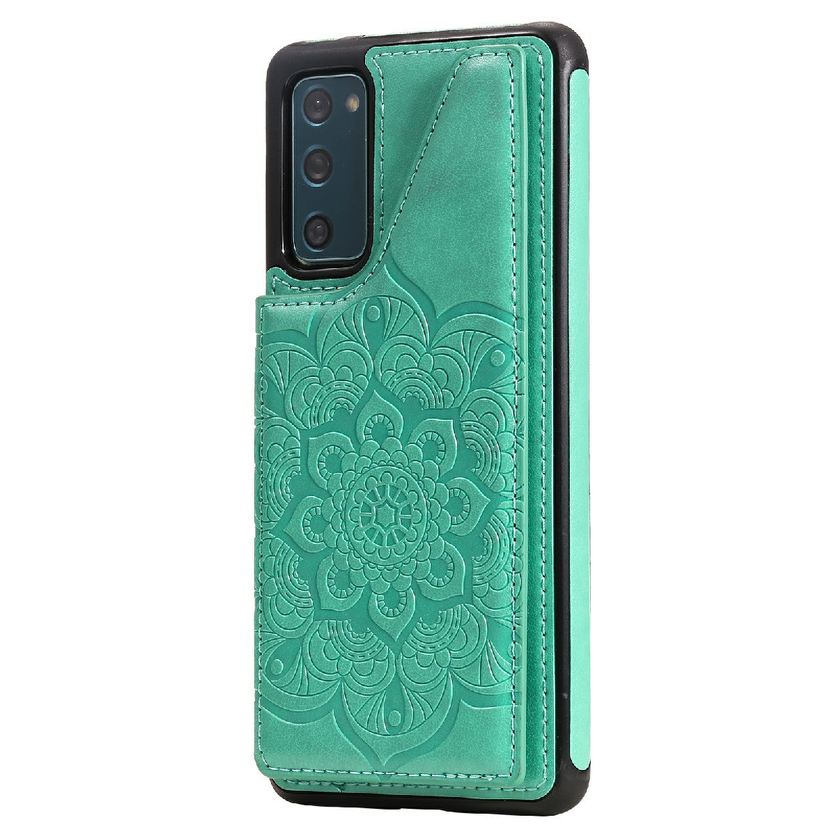 KT Leather Coated Series-9 Mandala Flower Pattern PU Leather+TPU Card Holder Kickstand Case for Samsung Galaxy S20 FE - Green