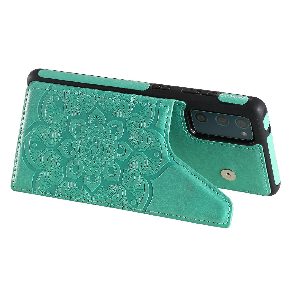 KT Leather Coated Series-9 Mandala Flower Pattern PU Leather+TPU Card Holder Kickstand Case for Samsung Galaxy S20 FE - Green