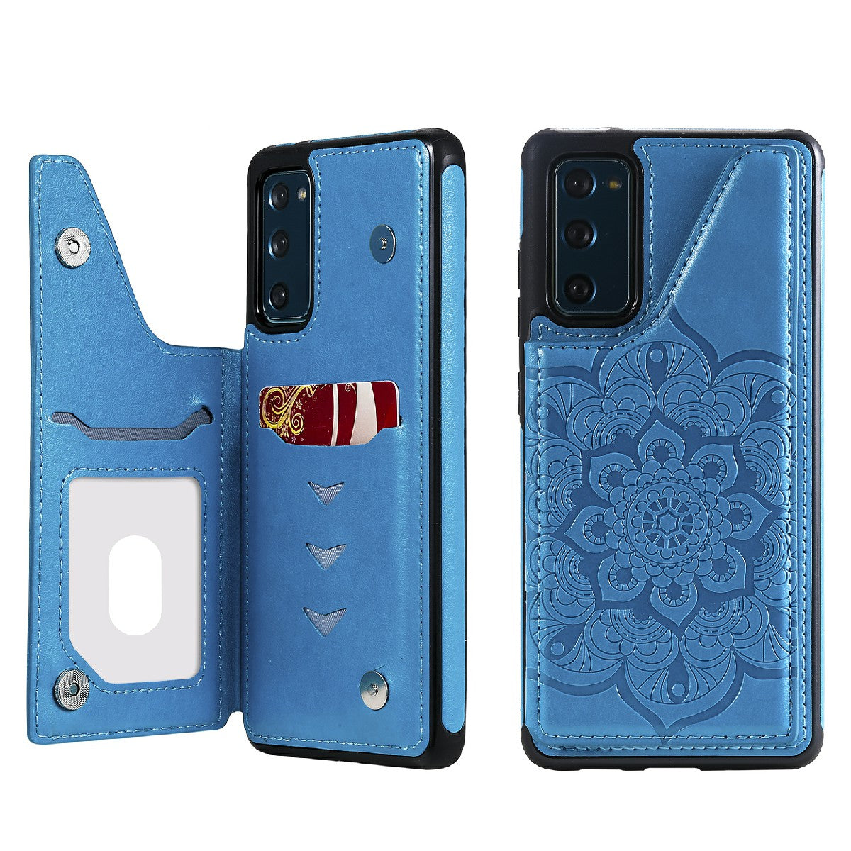 KT Leather Coated Series-9 Mandala Flower Pattern PU Leather+TPU Card Holder Kickstand Case for Samsung Galaxy S20 FE - Blue