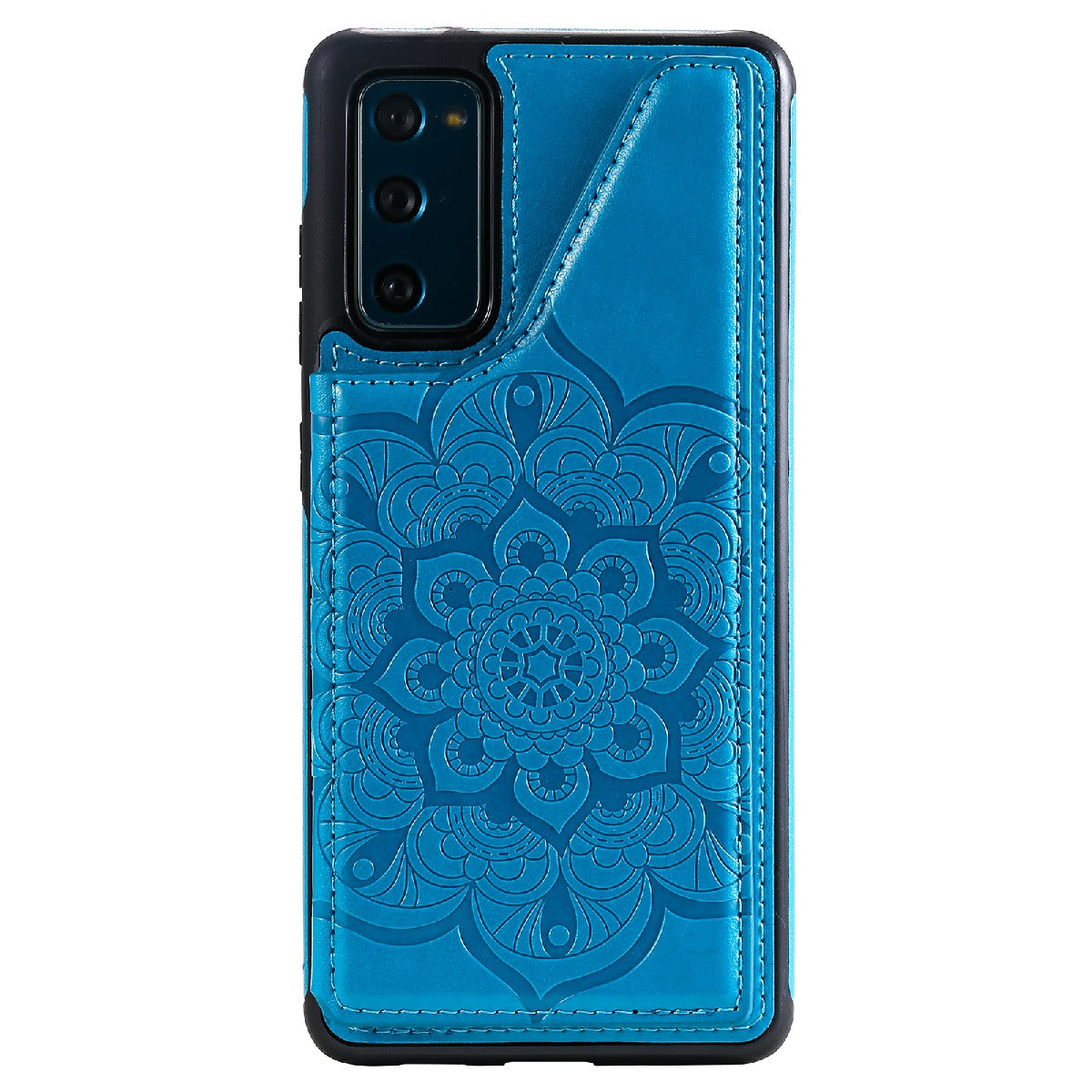 KT Leather Coated Series-9 Mandala Flower Pattern PU Leather+TPU Card Holder Kickstand Case for Samsung Galaxy S20 FE - Blue