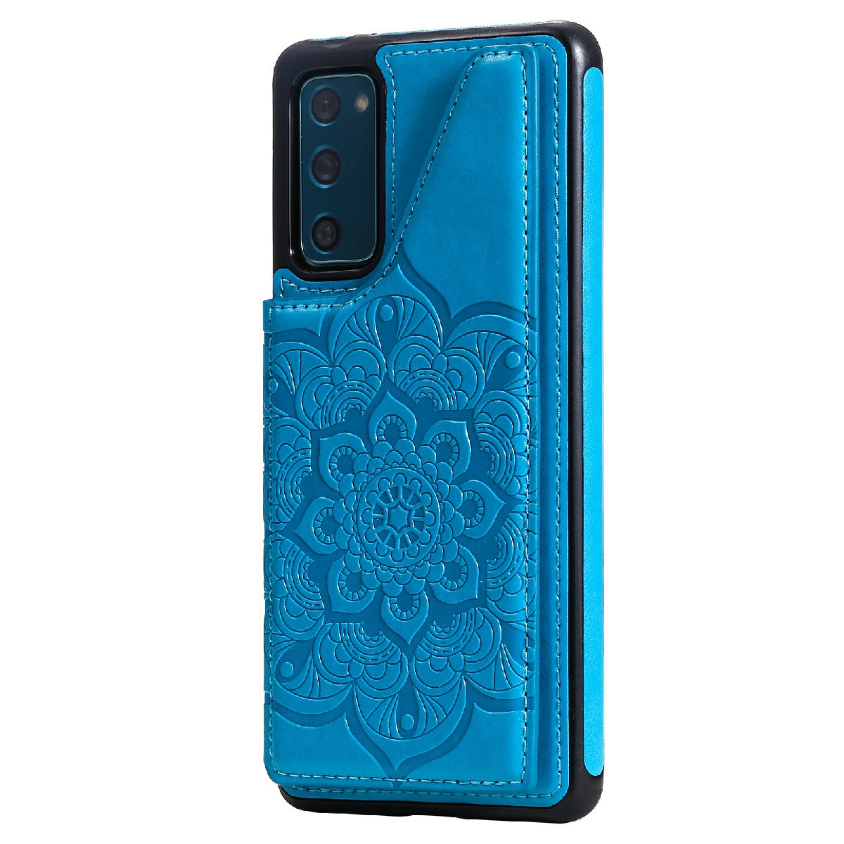 KT Leather Coated Series-9 Mandala Flower Pattern PU Leather+TPU Card Holder Kickstand Case for Samsung Galaxy S20 FE - Blue