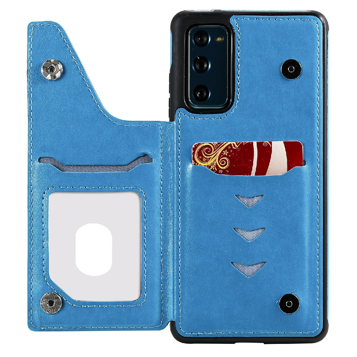 KT Leather Coated Series-9 Mandala Flower Pattern PU Leather+TPU Card Holder Kickstand Case for Samsung Galaxy S20 FE - Blue